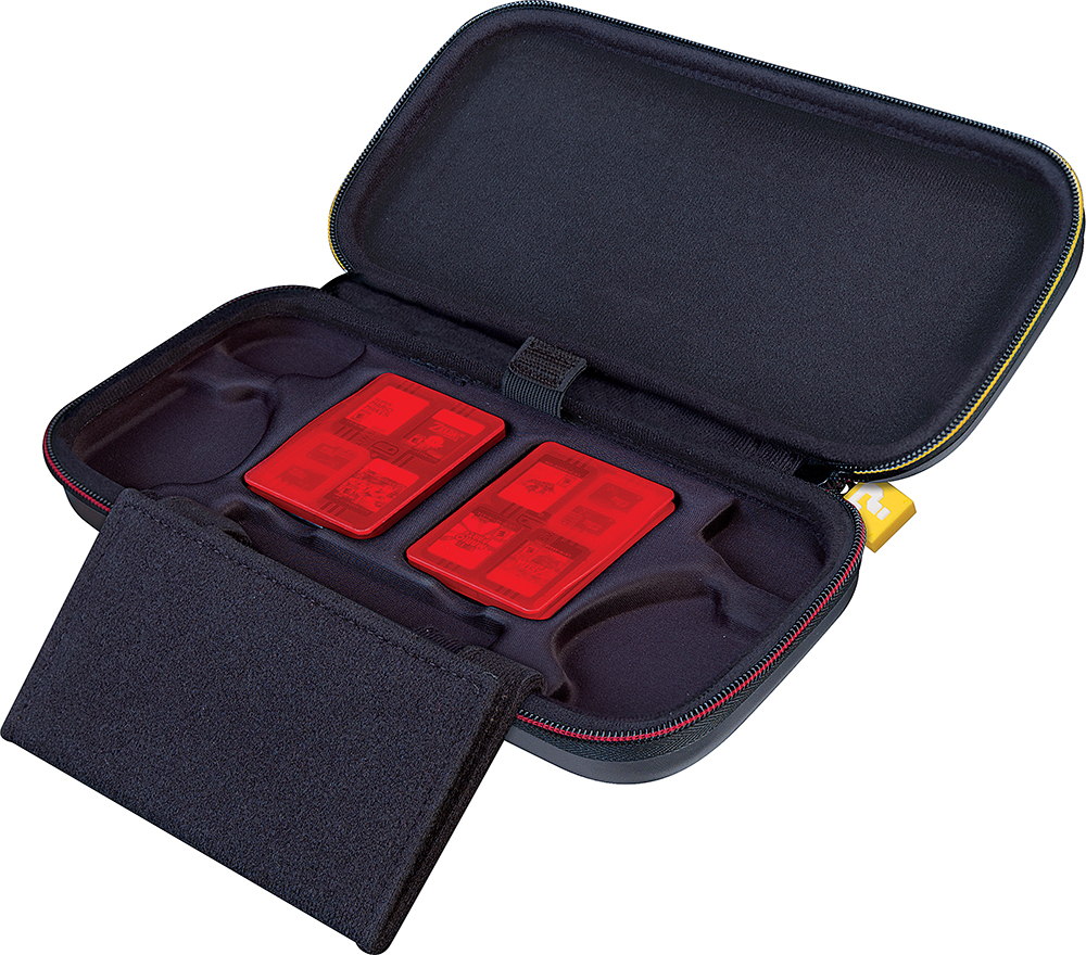 Black case with red game cartridges inside and a black pouch. The case is open.