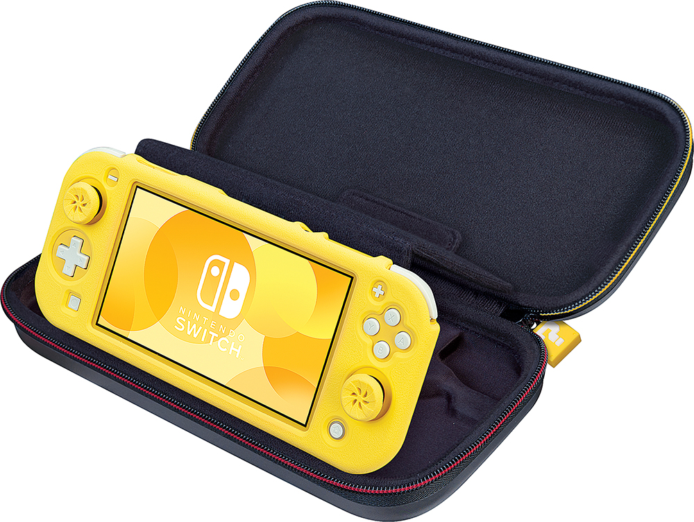 Yellow Nintendo Switch Lite console in a black carrying case, open.