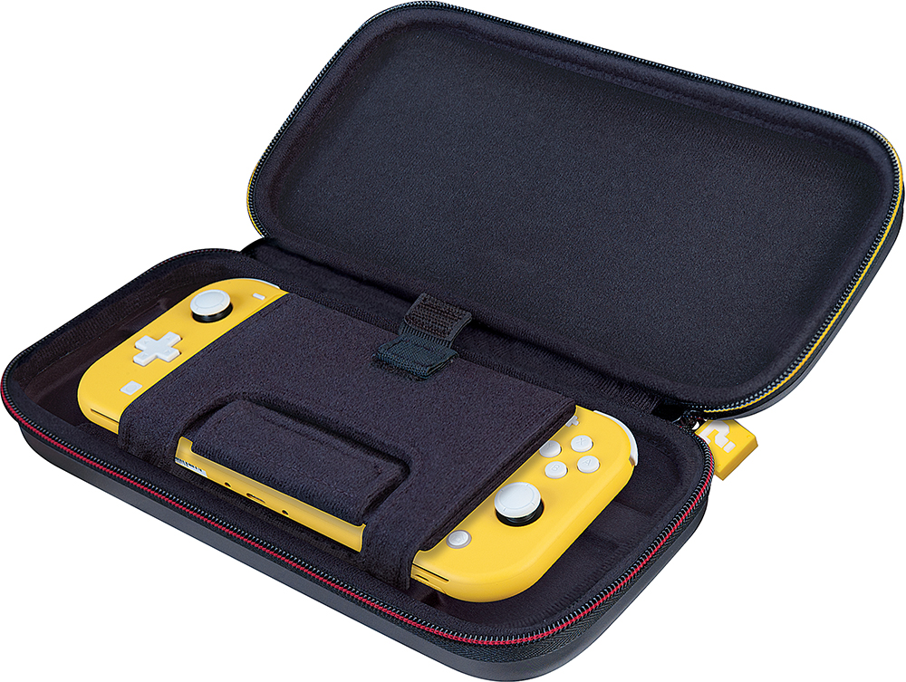 Yellow Nintendo Switch Lite console inside a black carrying case, with zipper and strap.