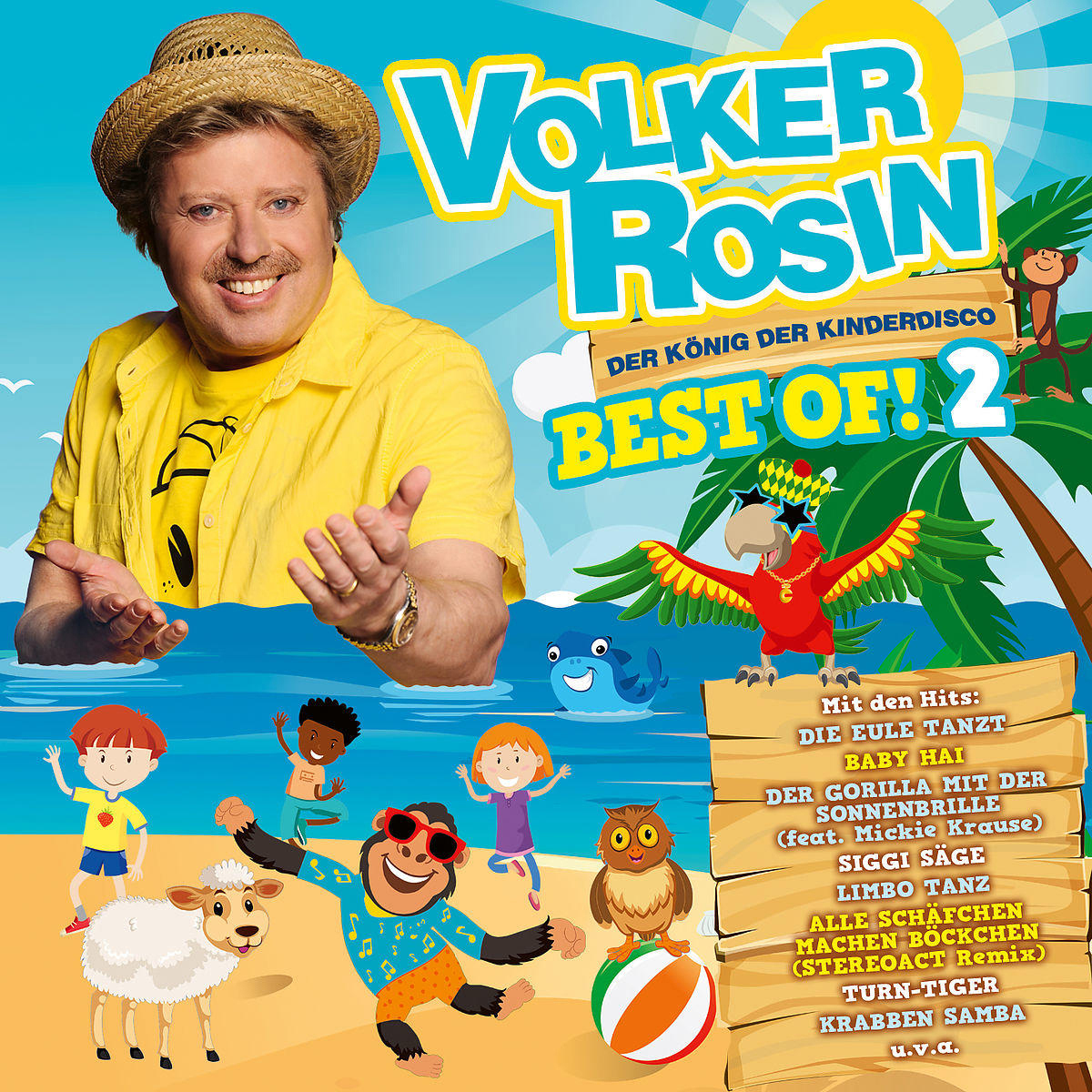 Volker Rosin Albumcover. Mann lächelt, Zeichentrickfiguren, Sonne und Palmen.