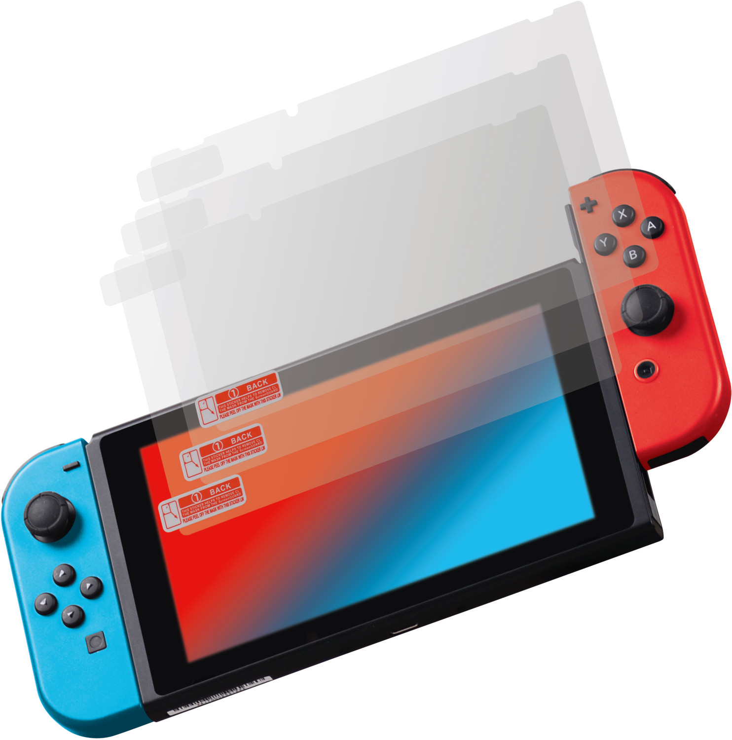 Nintendo Switch avec protecteurs d'écran, Joy-Cons rouges et bleus, et un Joy-Con rouge.