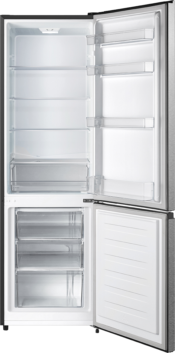 Kühlschrank mit offenen Türen, zeigt Regale und Schubladen. Weißer Hintergrund.