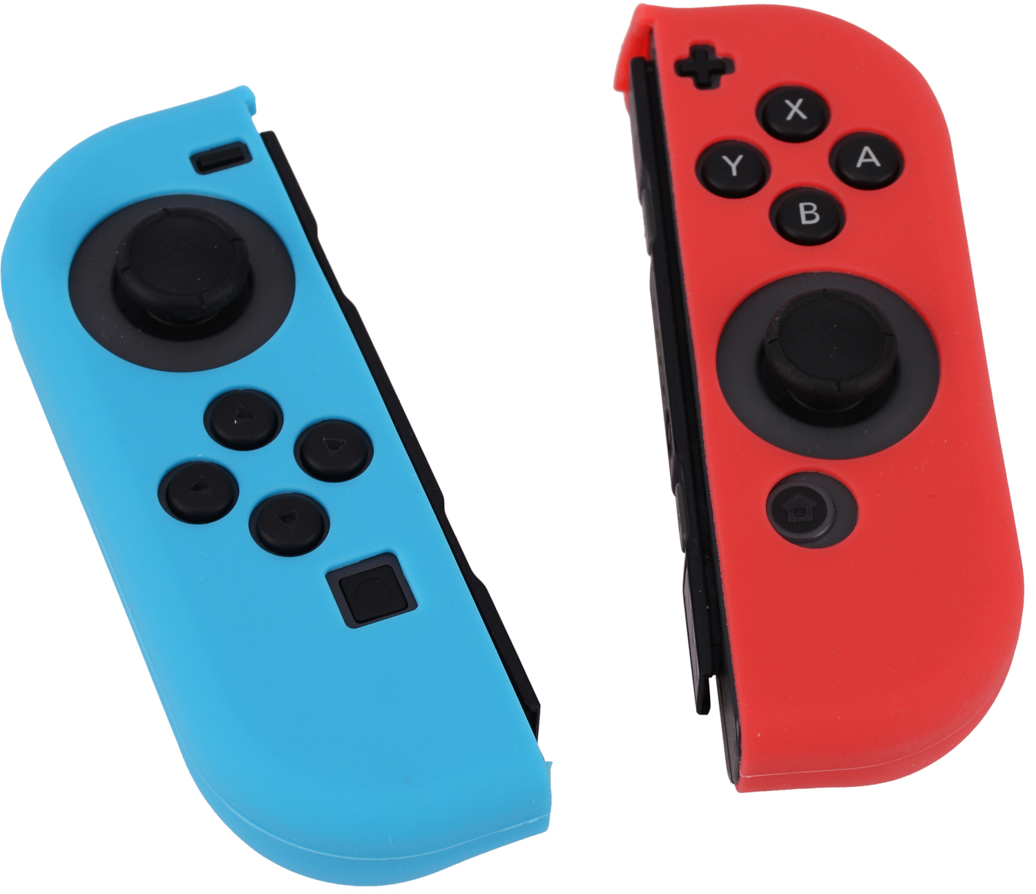 Two Nintendo Switch Joy-Con controllers, one blue and one red, buttons visible.