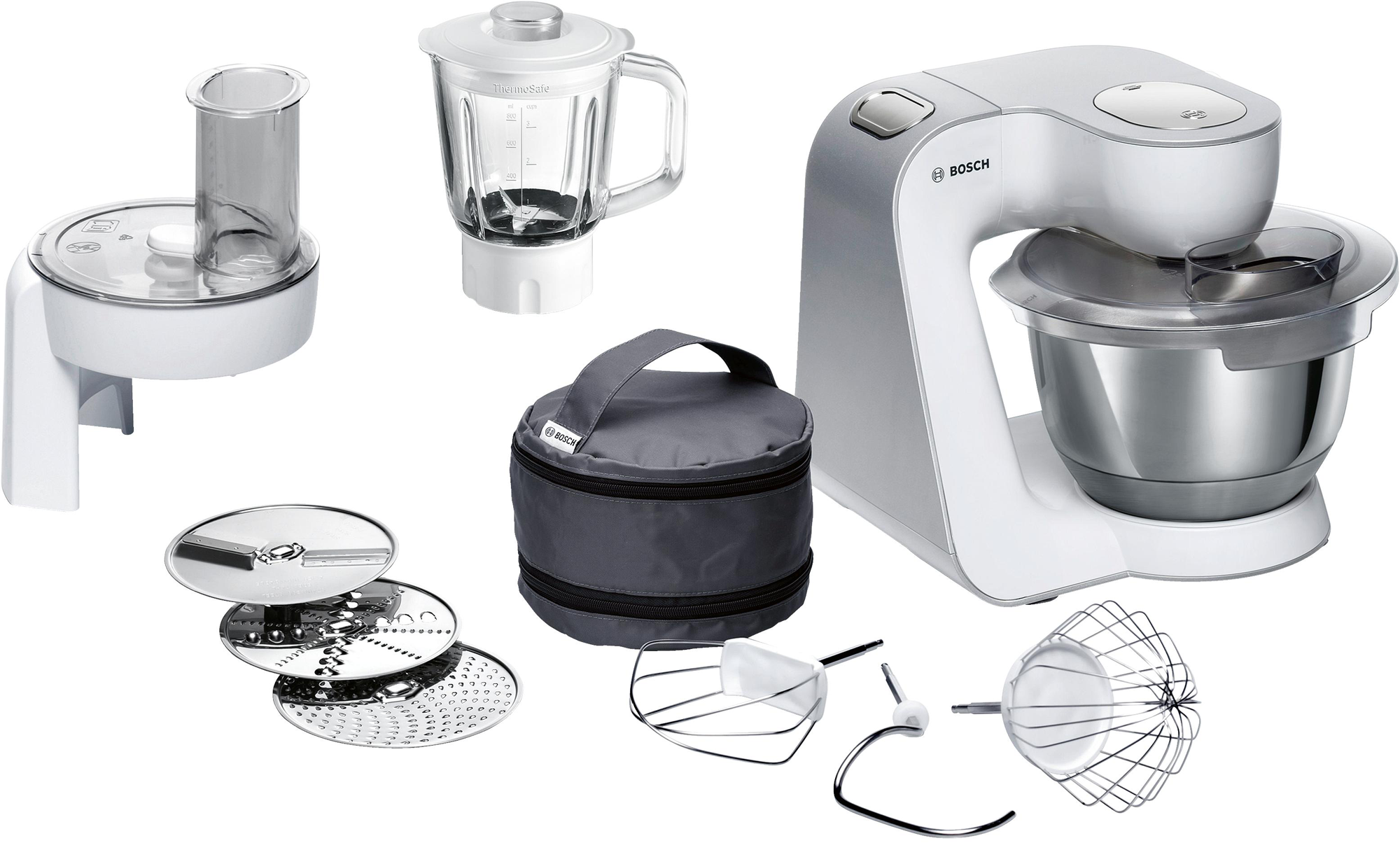 Wit keukenapparaat met blender, processor en opzetstukken op een wit oppervlak.