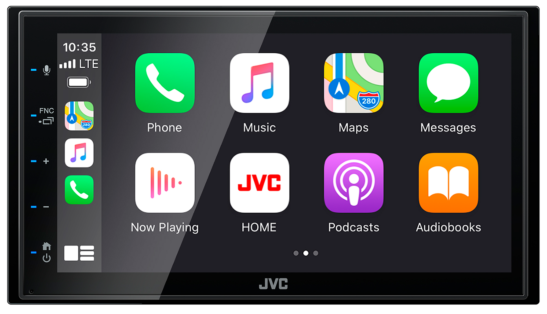 Car stereo screen with icons for phone, music, maps, messages, now playing, home, podcasts, audiobooks.