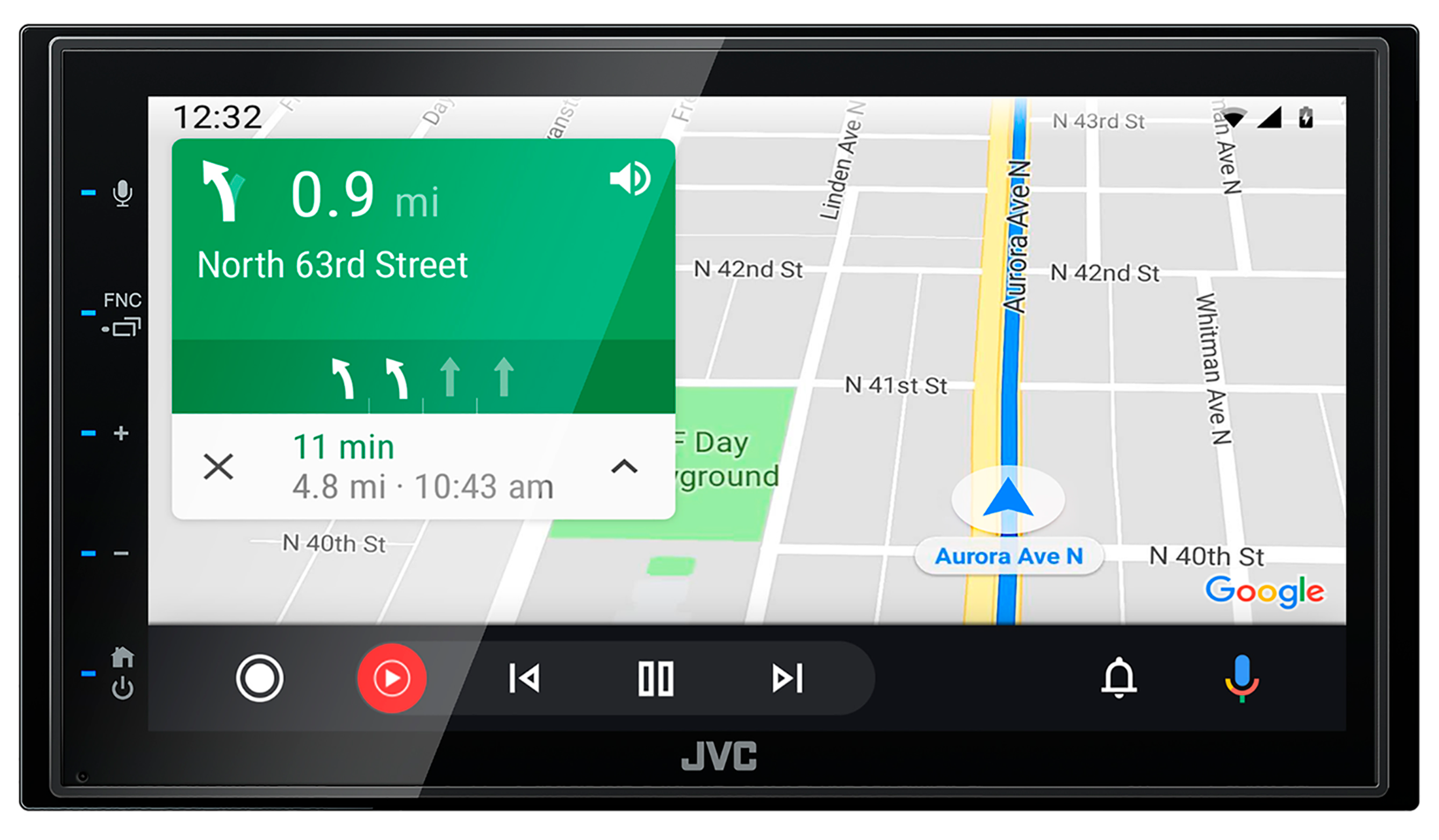 Car stereo screen showing a navigation map and directions, with Google Maps interface.