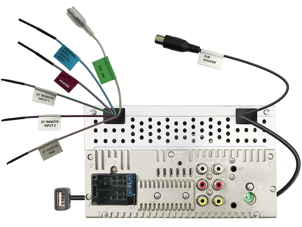 Rear of a car stereo with various connectors and labels for wires, with a USB port.