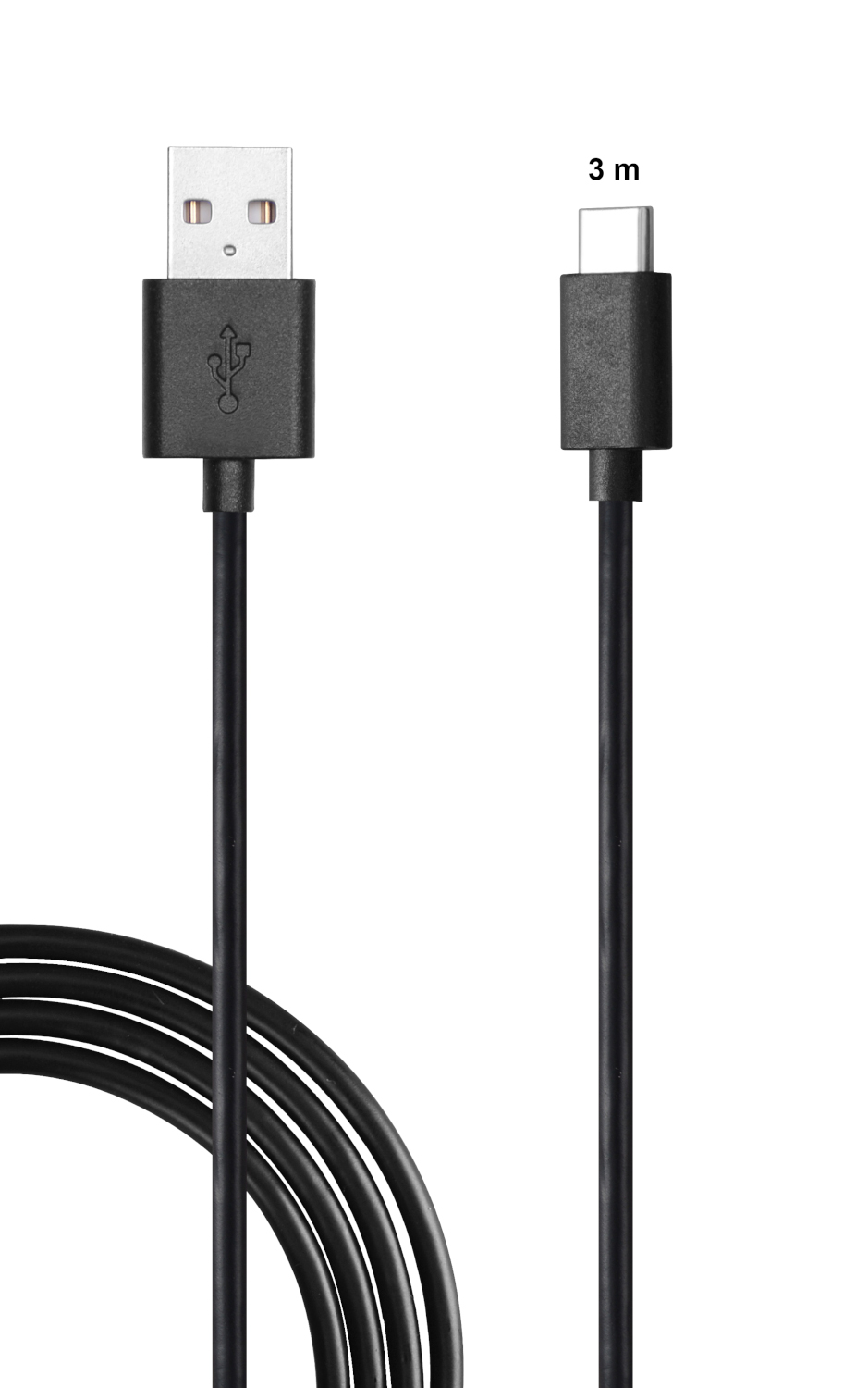 Câble USB noir avec extrémités USB et USB-C. Longueur : 3m.