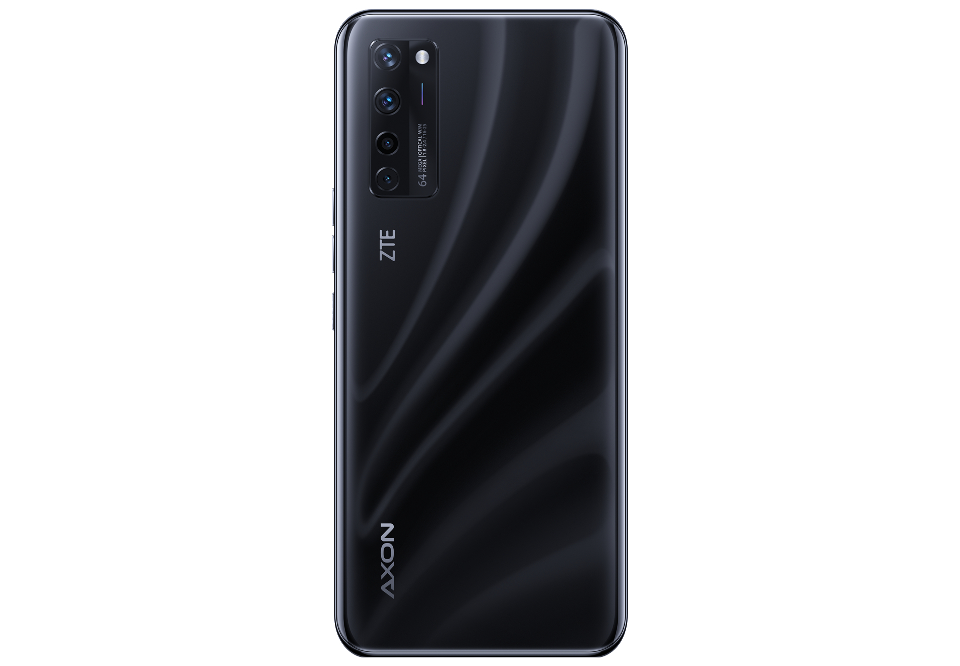 Rückseite des schwarzen ZTE Axon-Telefons mit drei Kameras.