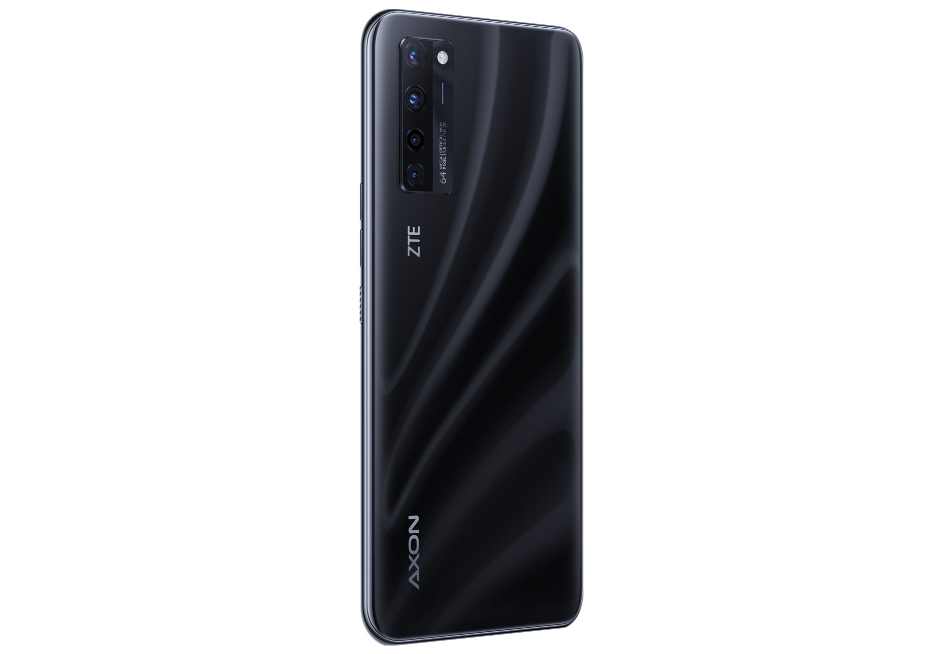 ZTE Axon Telefon, schwarz, Rückansicht. Hat eine Kamera-Anordnung und ZTE- und Axon-Branding.