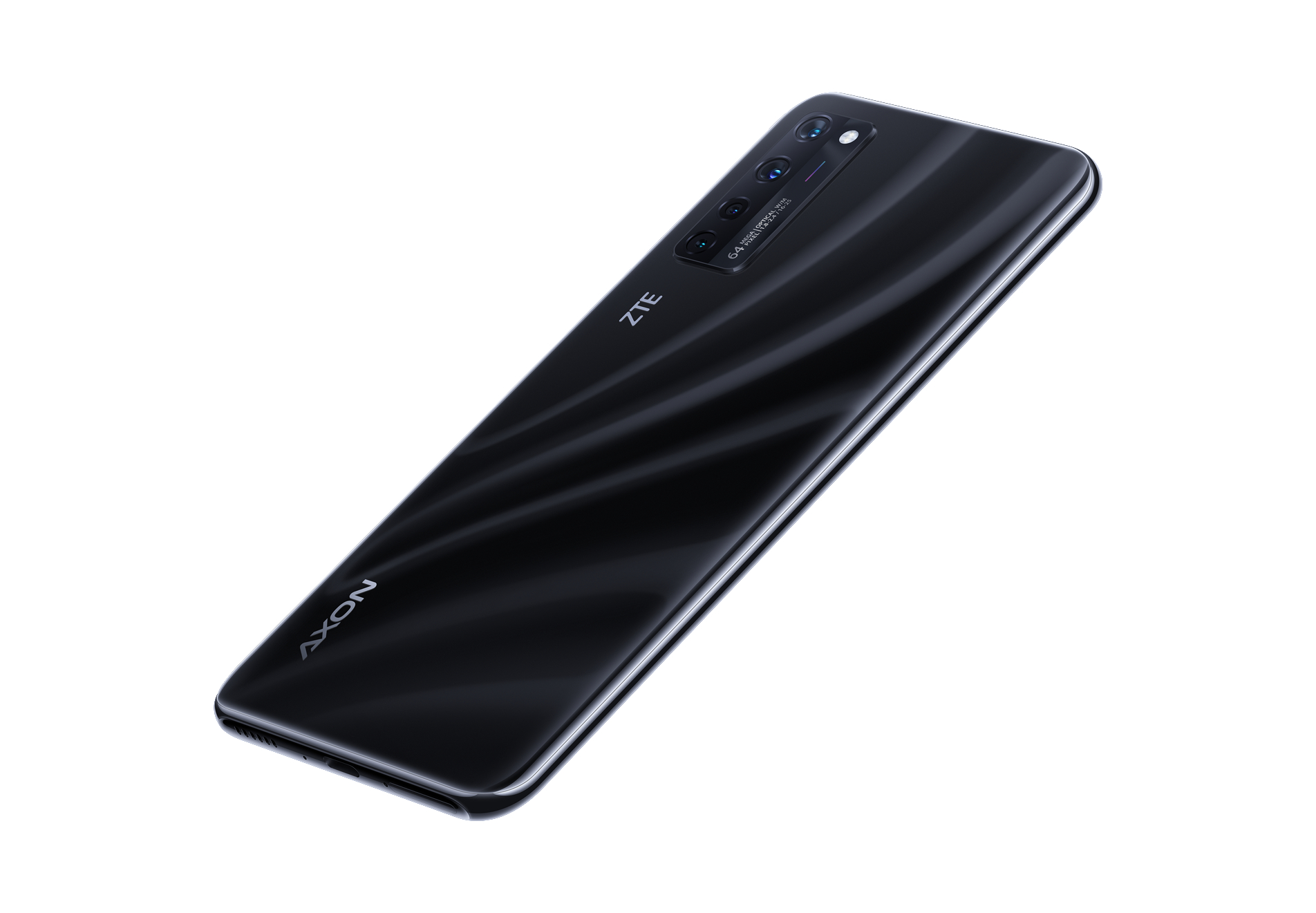 Schwarzes ZTE Axon Telefon, schräge Ansicht. Weißer Hintergrund.
