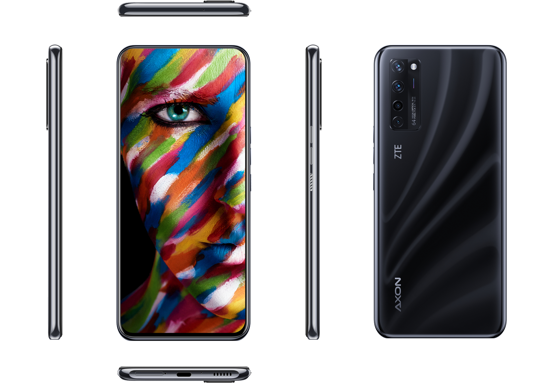 Ein schwarzes ZTE Axon-Telefon mit einem farbenfrohen Gesicht auf dem Bildschirm, Seiten- und Rückansicht.