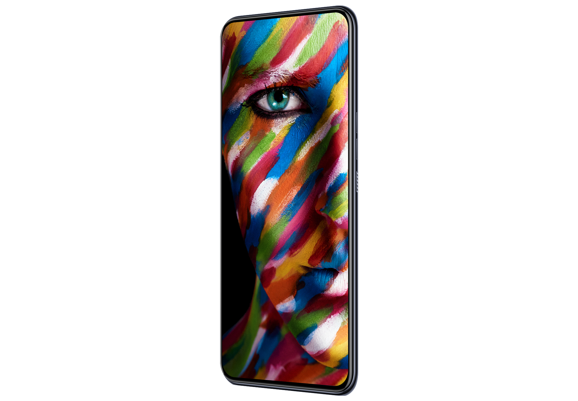 Ein Smartphone zeigt ein Gesicht mit bunten Pinselstrichen. Die Person hat ein grünes Auge.