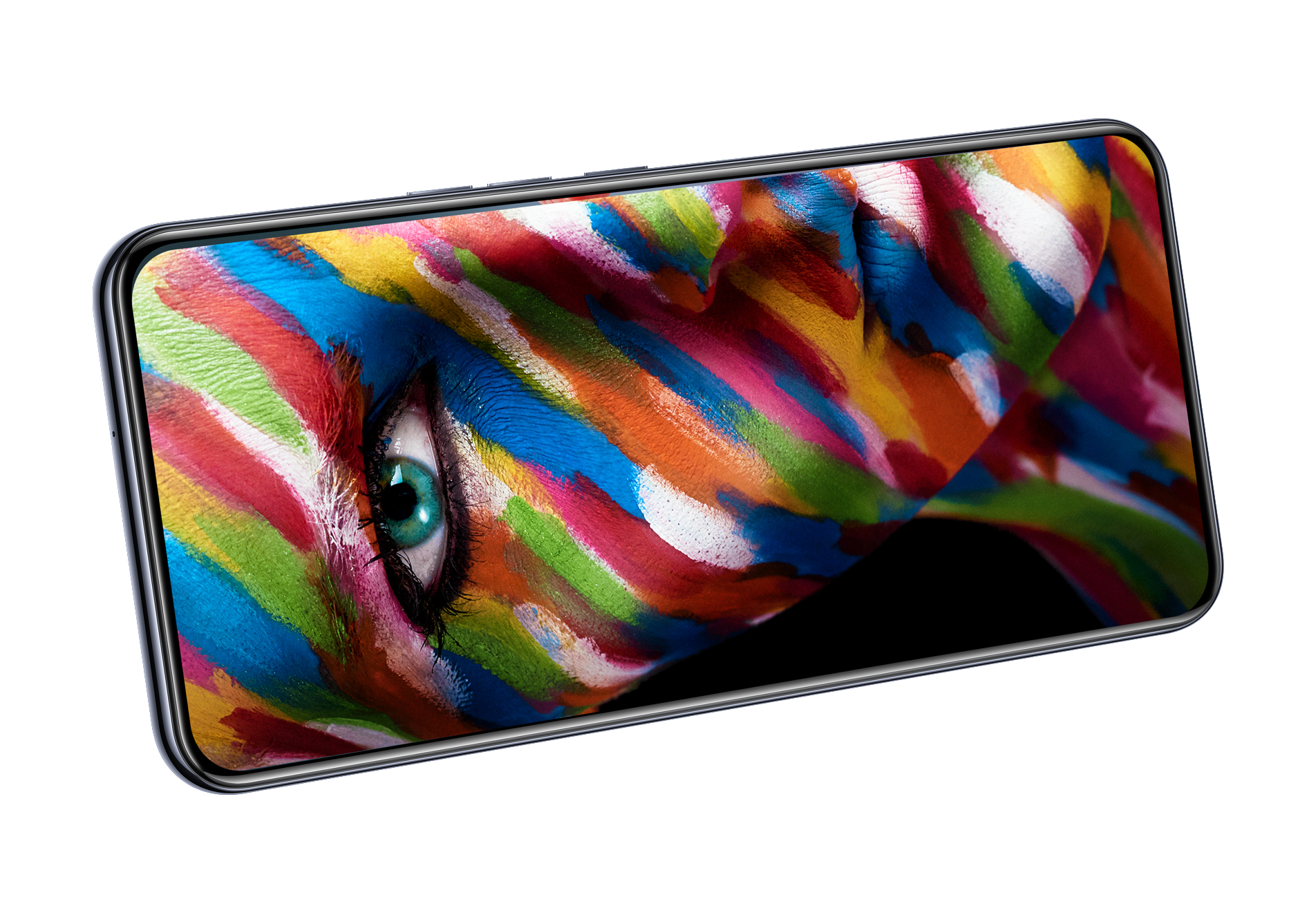Ein Smartphone mit einem Gesicht mit bunten Mustern auf weißem Hintergrund.