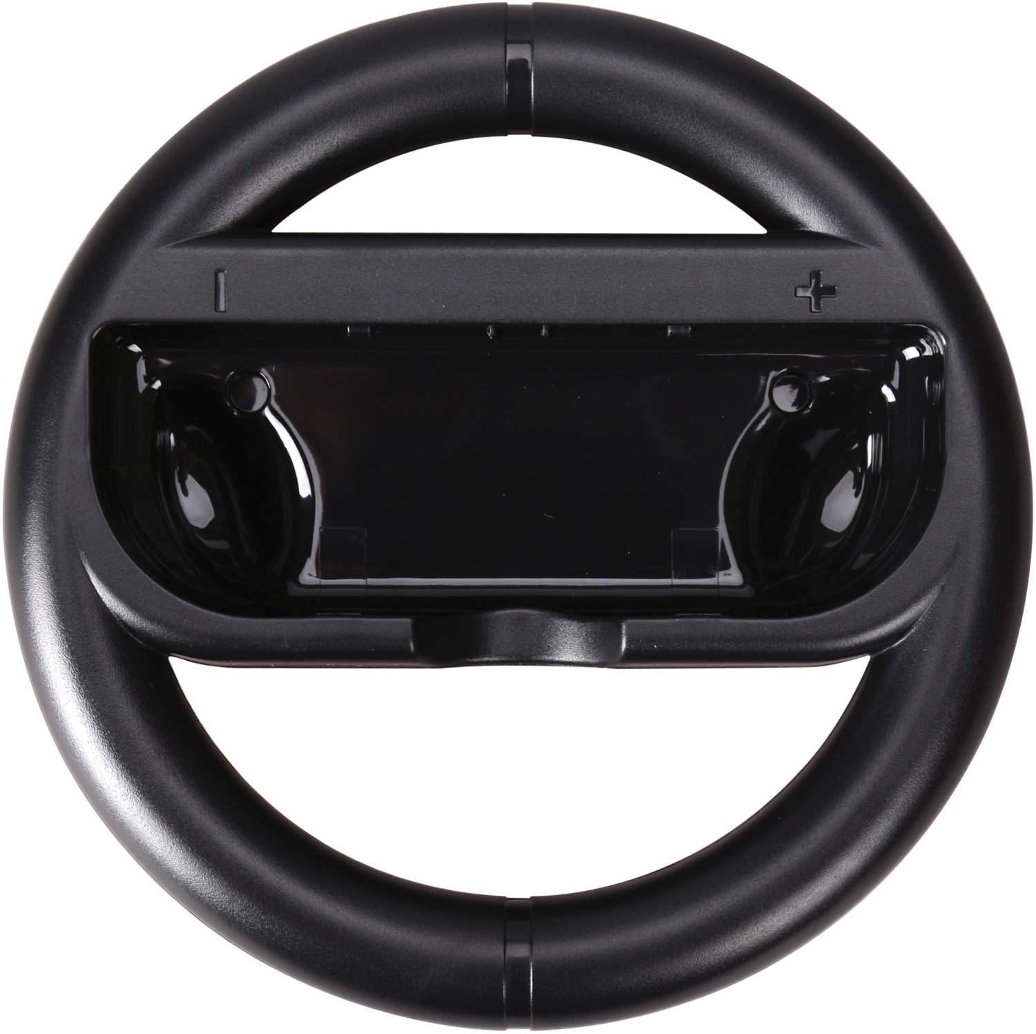 Volant noir pour console de jeux, avec un berceau pour maintenir la manette de la console.