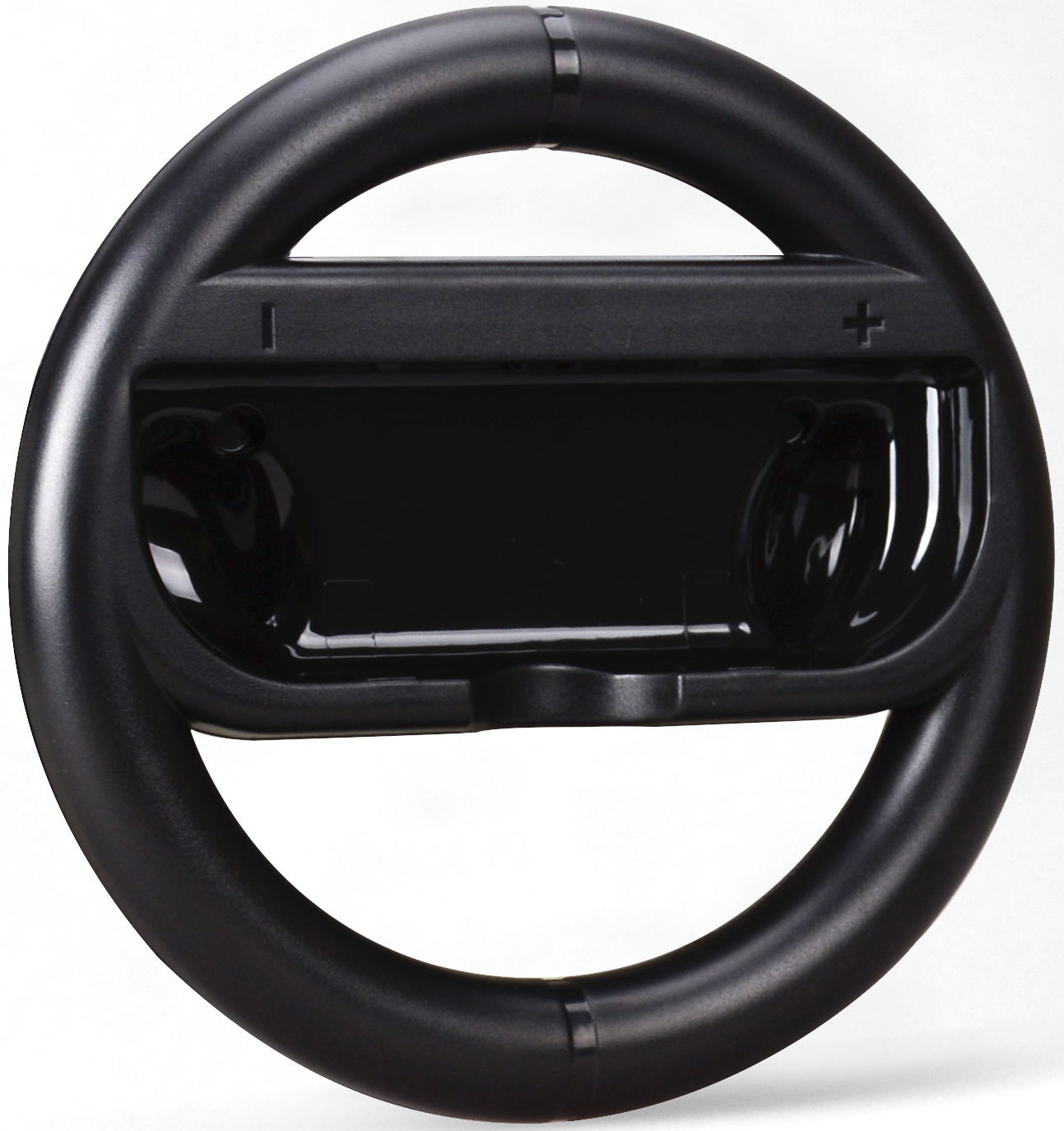 Un volant de jeu noir avec des boutons plus et moins sur le dessus.