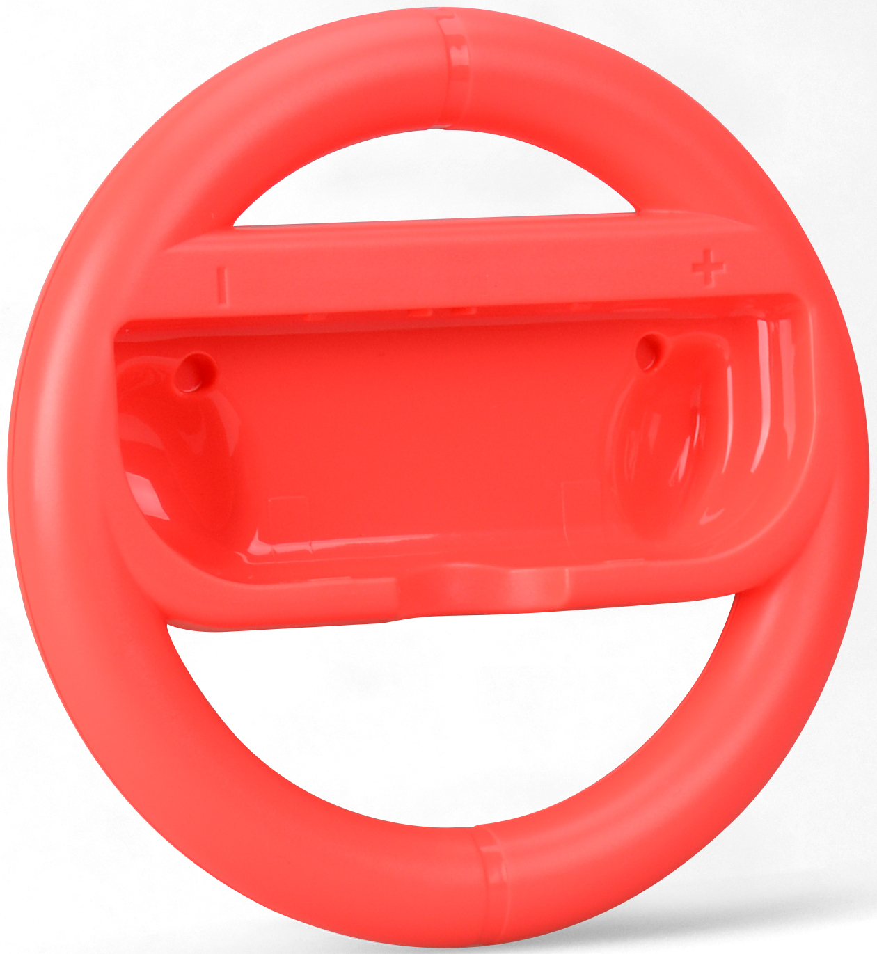 Une manette rouge en forme de volant pour un jeu vidéo.