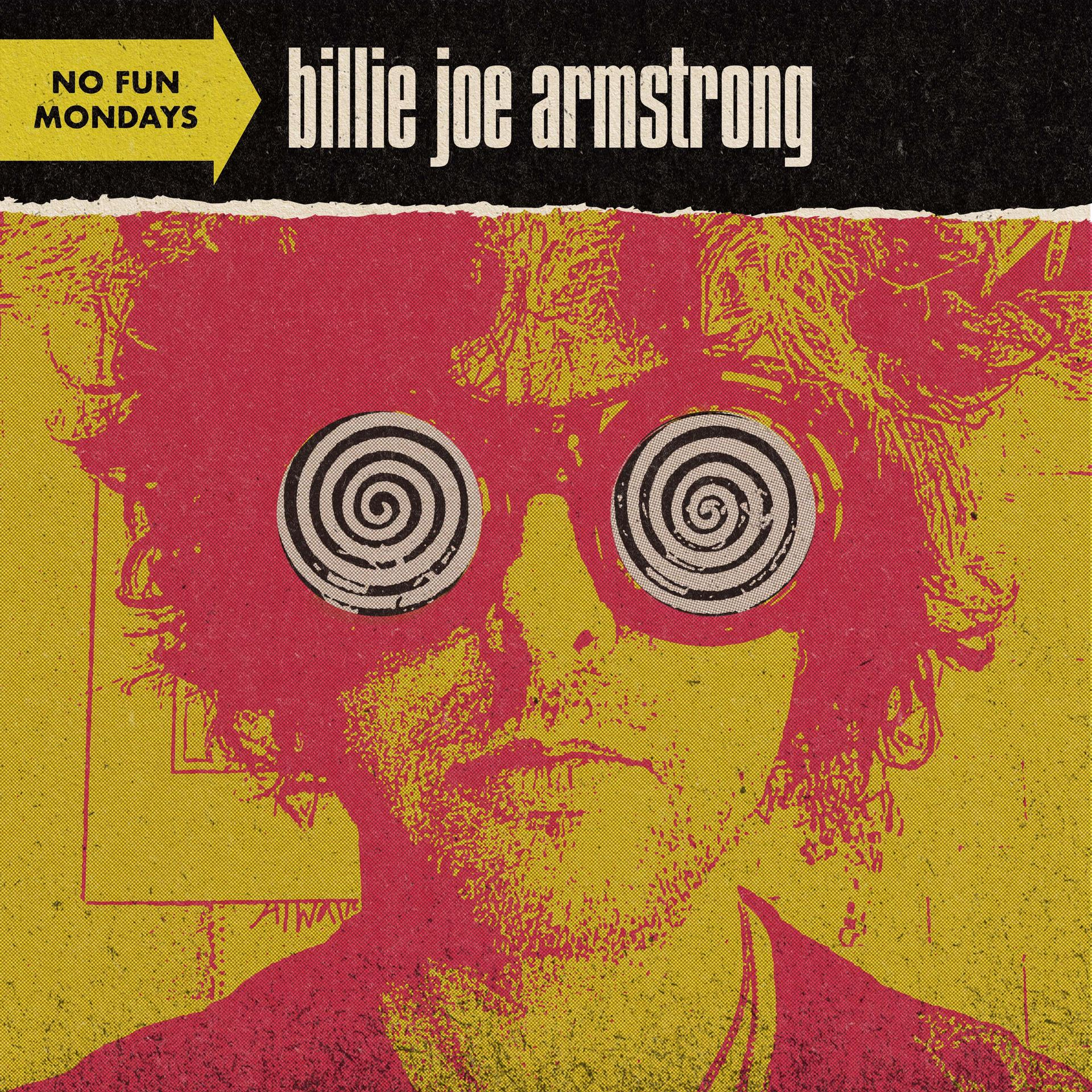 Pochette d'album : Billie Joe Armstrong avec des yeux en spirale sur fond jaune et rouge.