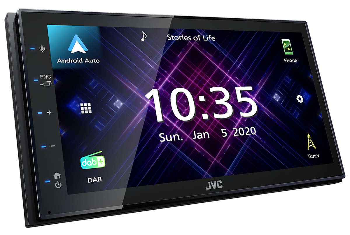 A car stereo with a screen displaying the time and date. Features Android Auto and DAB.