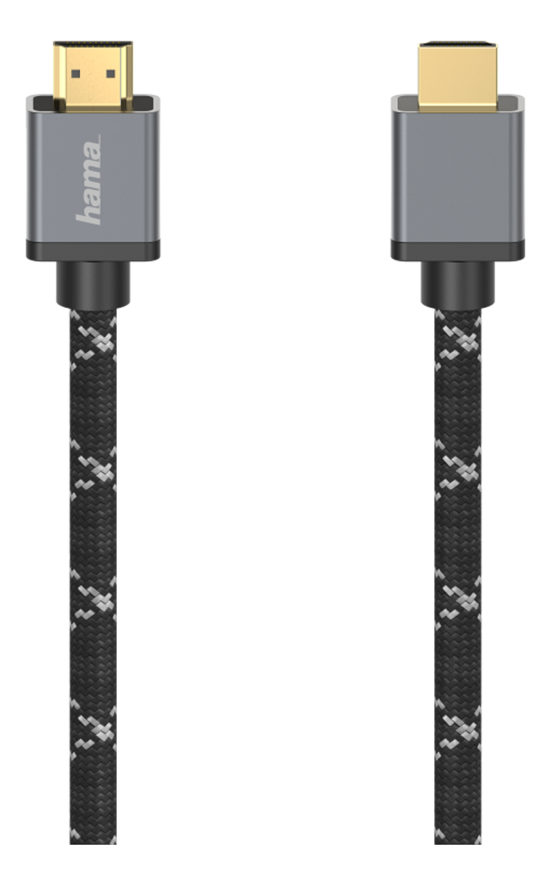 Câble HDMI avec connecteurs gris et un câble noir et blanc.