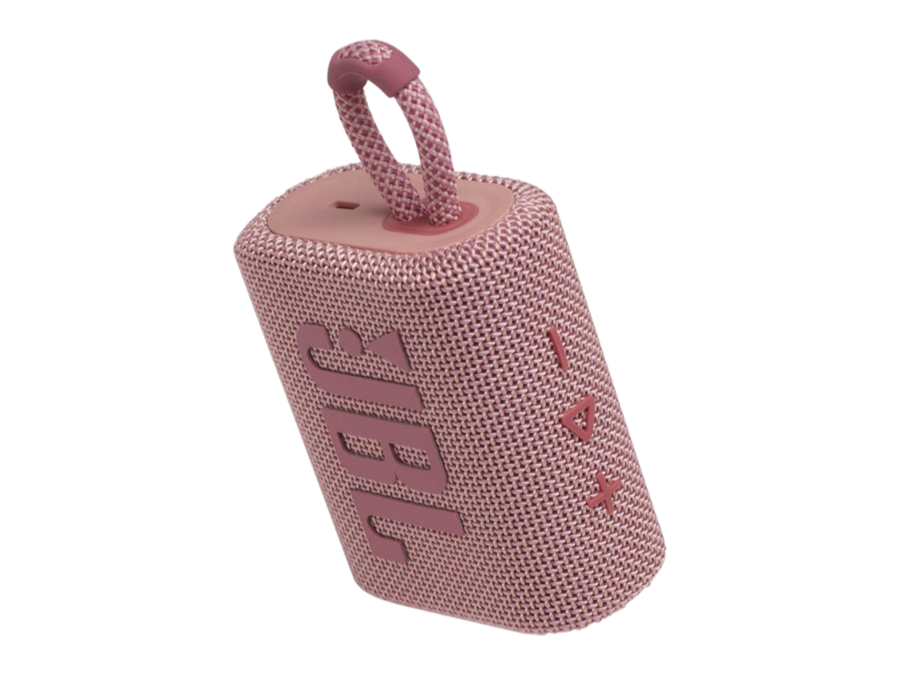 Altavoz portátil JBL rosa con asa, sobre fondo negro.