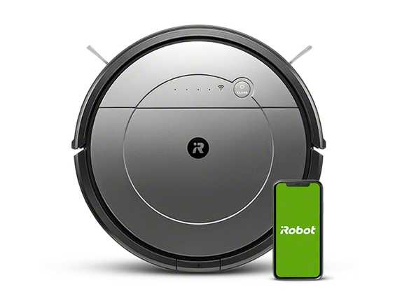 Una aspiradora robot redonda, plateada y negra junto a un teléfono inteligente verde con el logotipo de Robot.