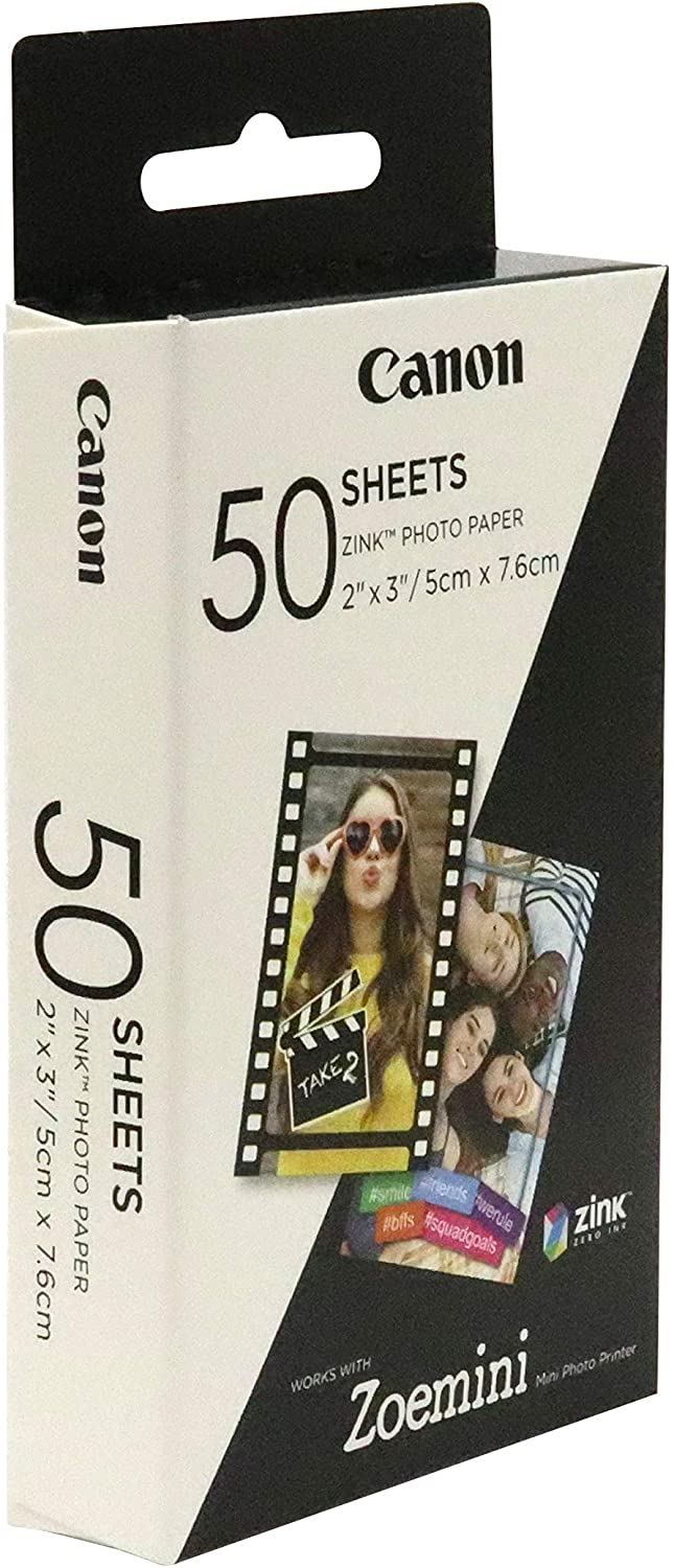 Caja de papel fotográfico Canon Zoemini. Caja blanca con imágenes de fotos impresas.