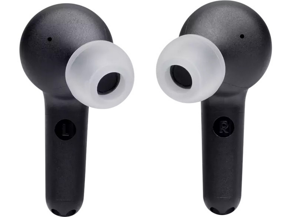 Dos auriculares negros con puntas blancas, etiquetados 'L' y 'R'.