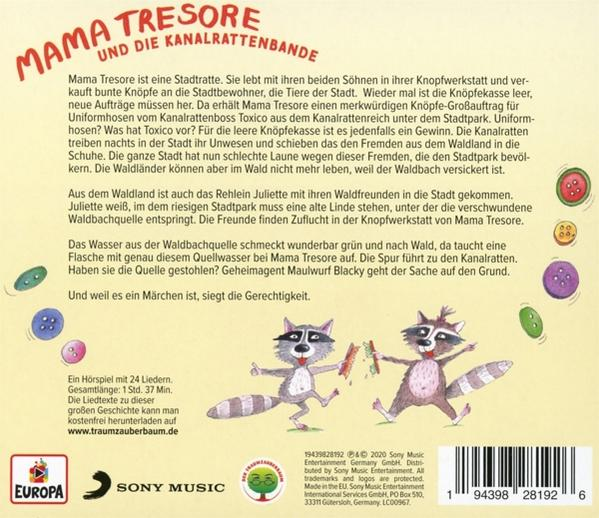 Ein Buchcover mit Cartoon-Waschbären, Knöpfen und deutschem Text.
