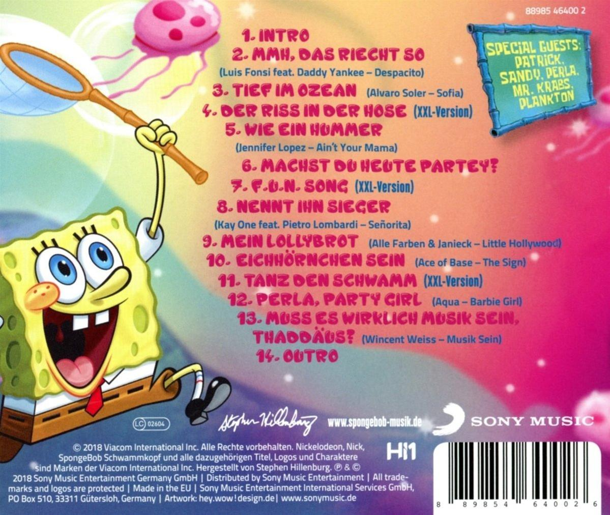 SpongeBob Album-Rückseite mit Titelliste, besonderen Gästen und Logos. Gelber Hintergrund.