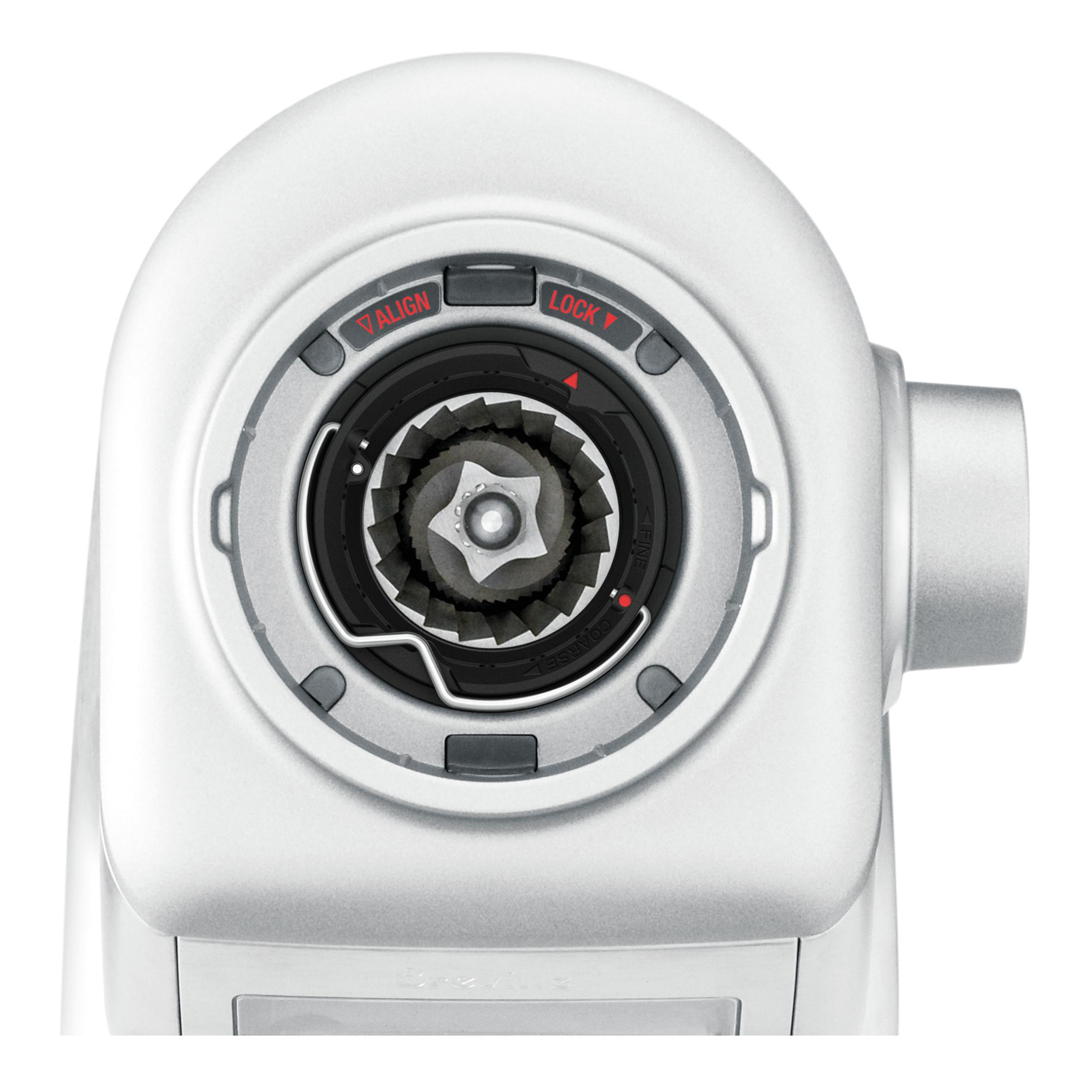 Nahaufnahme einer silbernen Kaffeemühle. Es hat ein Zifferblatt mit der Aufschrift „ALIGN“ und „LOCK“ mit roter Anzeige.