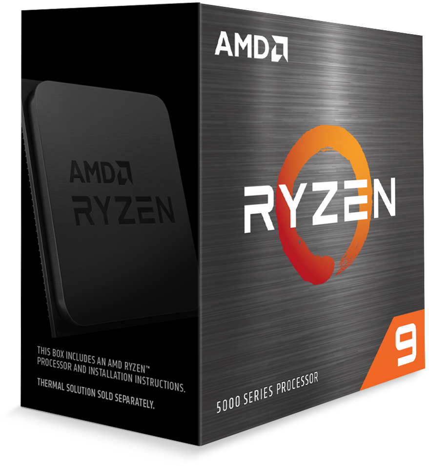 AMD Ryzen 9 5000er Serie Prozessorbox, schwarz und orange mit Text.