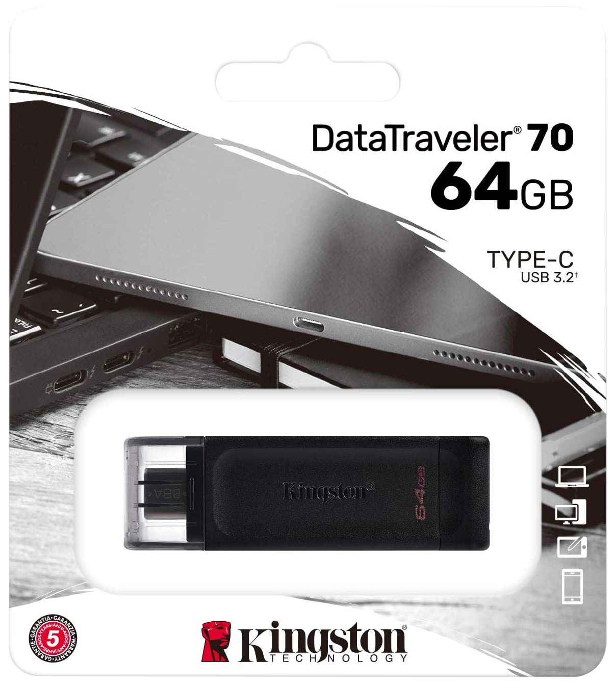 Kingston DataTraveler 70 USB-meghajtó a csomagolásában. Fekete, USB-C csatlakozóval.