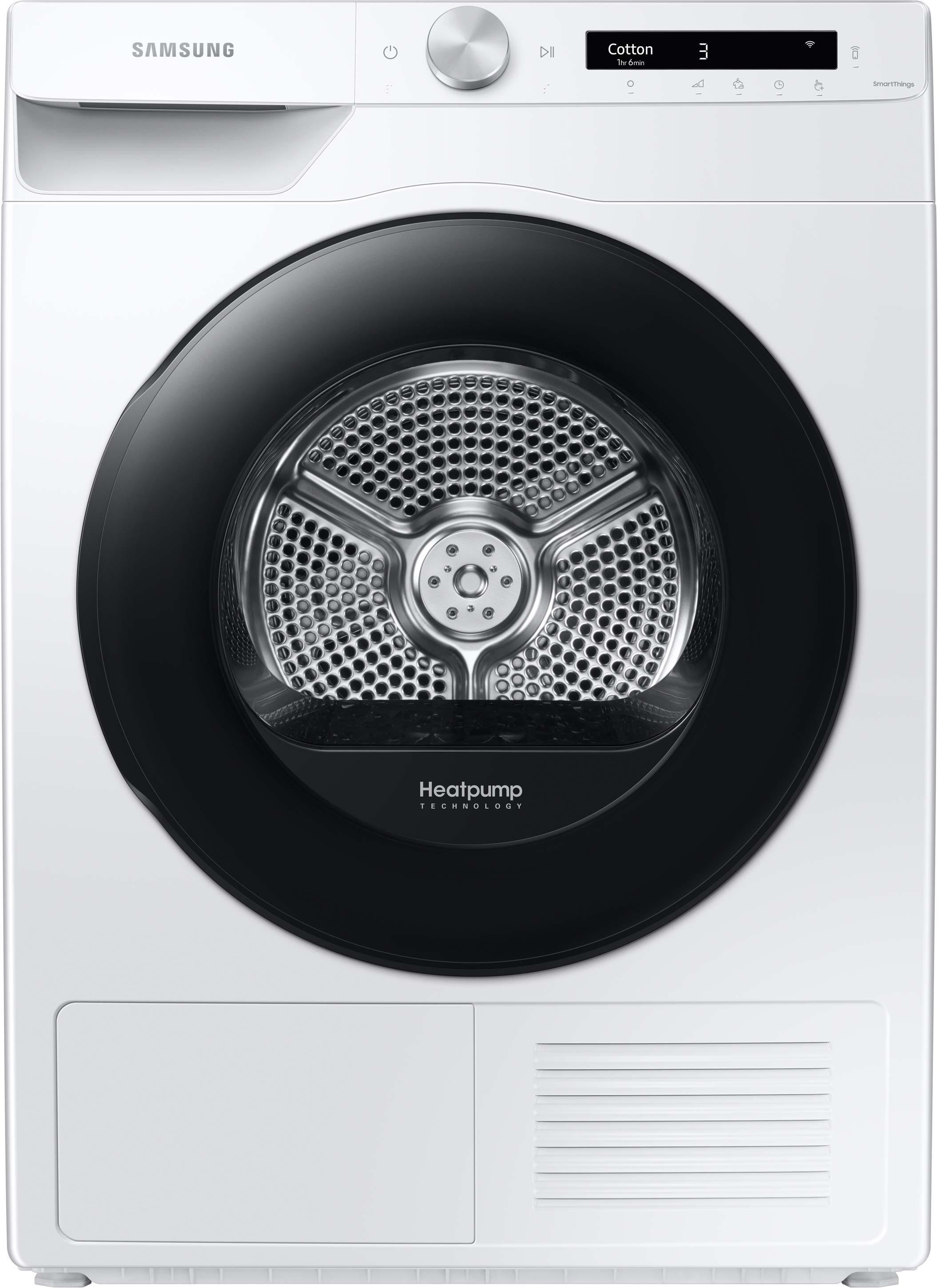 Ein weißer Samsung Trockner mit schwarzer Tür und Bedienfeld. Er hat eine große kreisförmige Tür und ein Display.