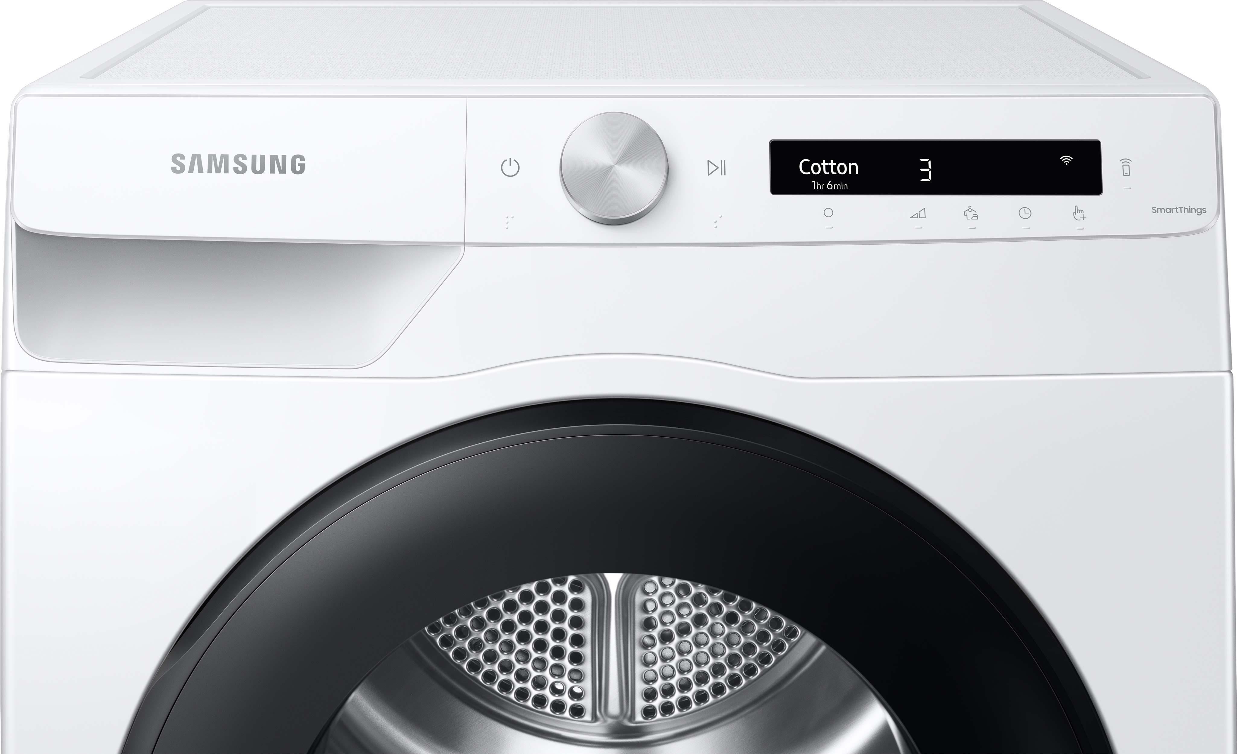 Weißer Samsung-Trockner. Bedienfeld oben, Drehknopf und Digitalanzeige, schwarze Tür mit metallischem Wabenmuster.