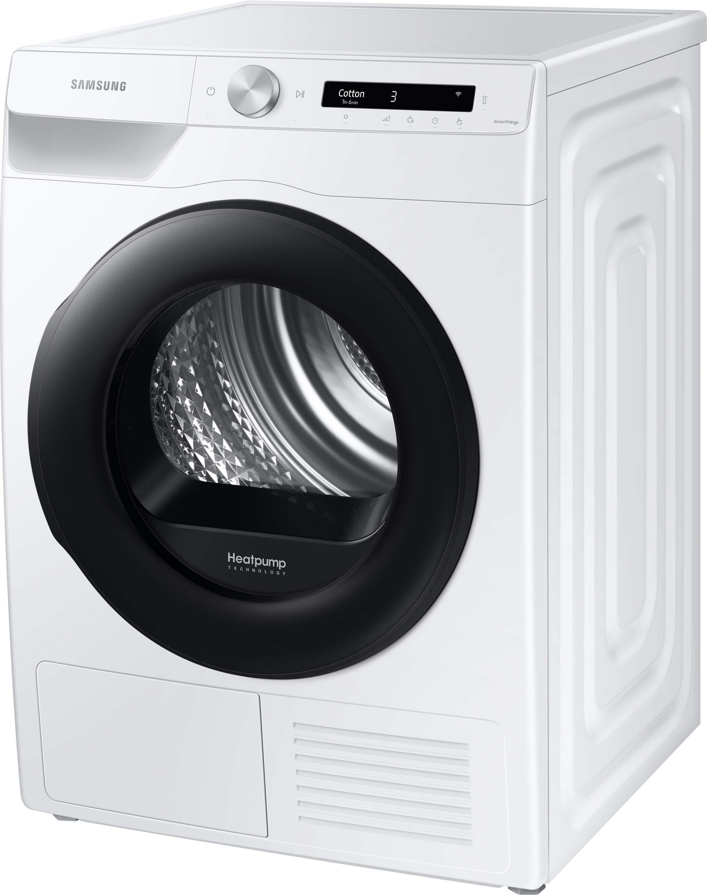 Ein weißer Samsung-Trockner mit schwarzer Tür. Er hat ein Bedienfeld und ein Display mit Trocknungseinstellungen.