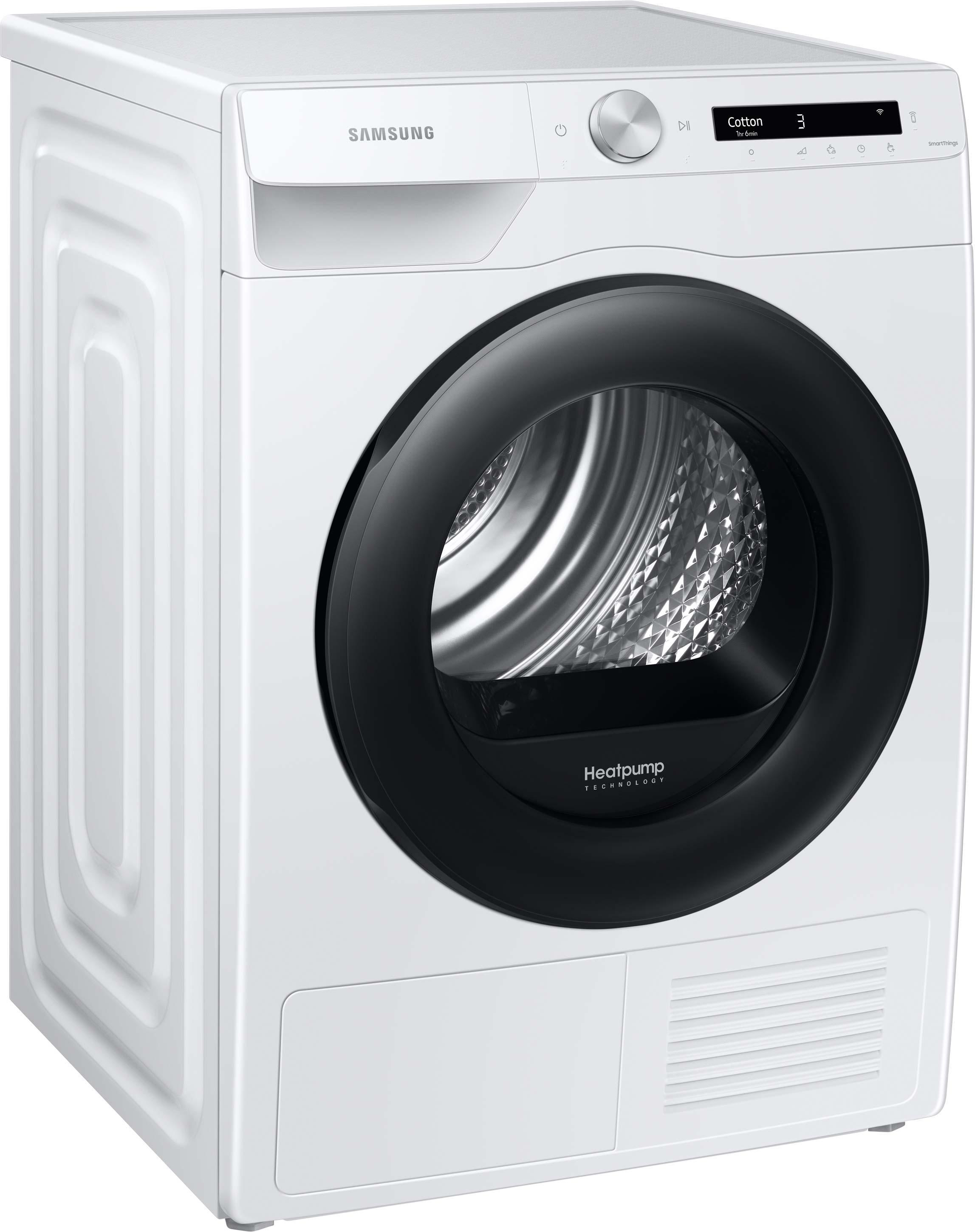 Weißer Samsung Trockner. Schwarze Tür mit Heatpump-Technologie-Etikett. Bedienfeld oben.