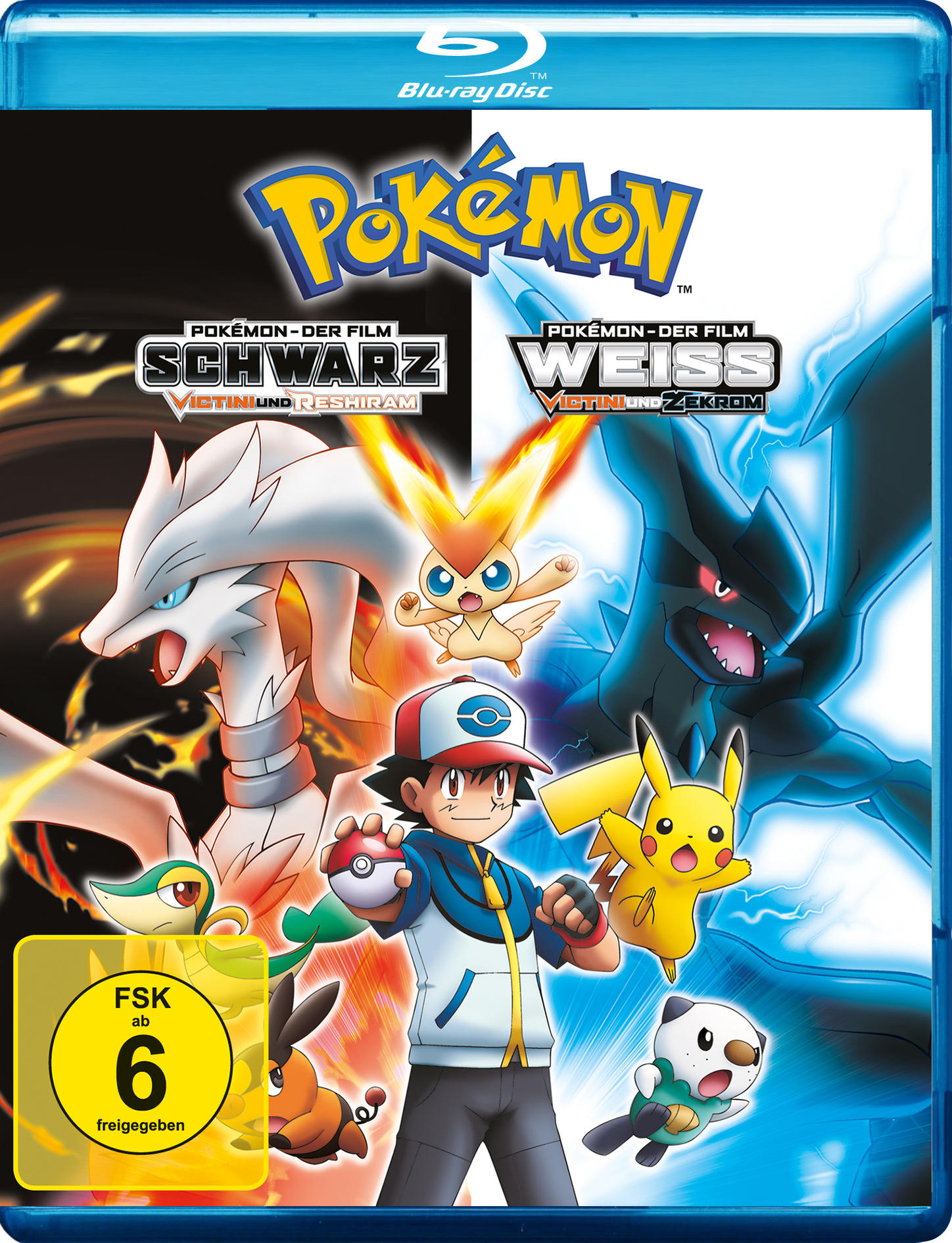 Pokémon-Film-Blu-ray-Cover. Ash und Pikachu mit Pokémon. Aufgeteilt in Schwarz-Weiß-Seiten mit Charakteren.