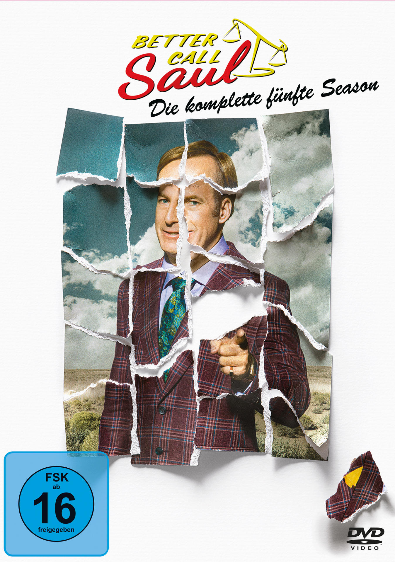 DVD-Cover von Better Call Saul, Staffel 5, mit einem zerrissenen Papiereffekt.