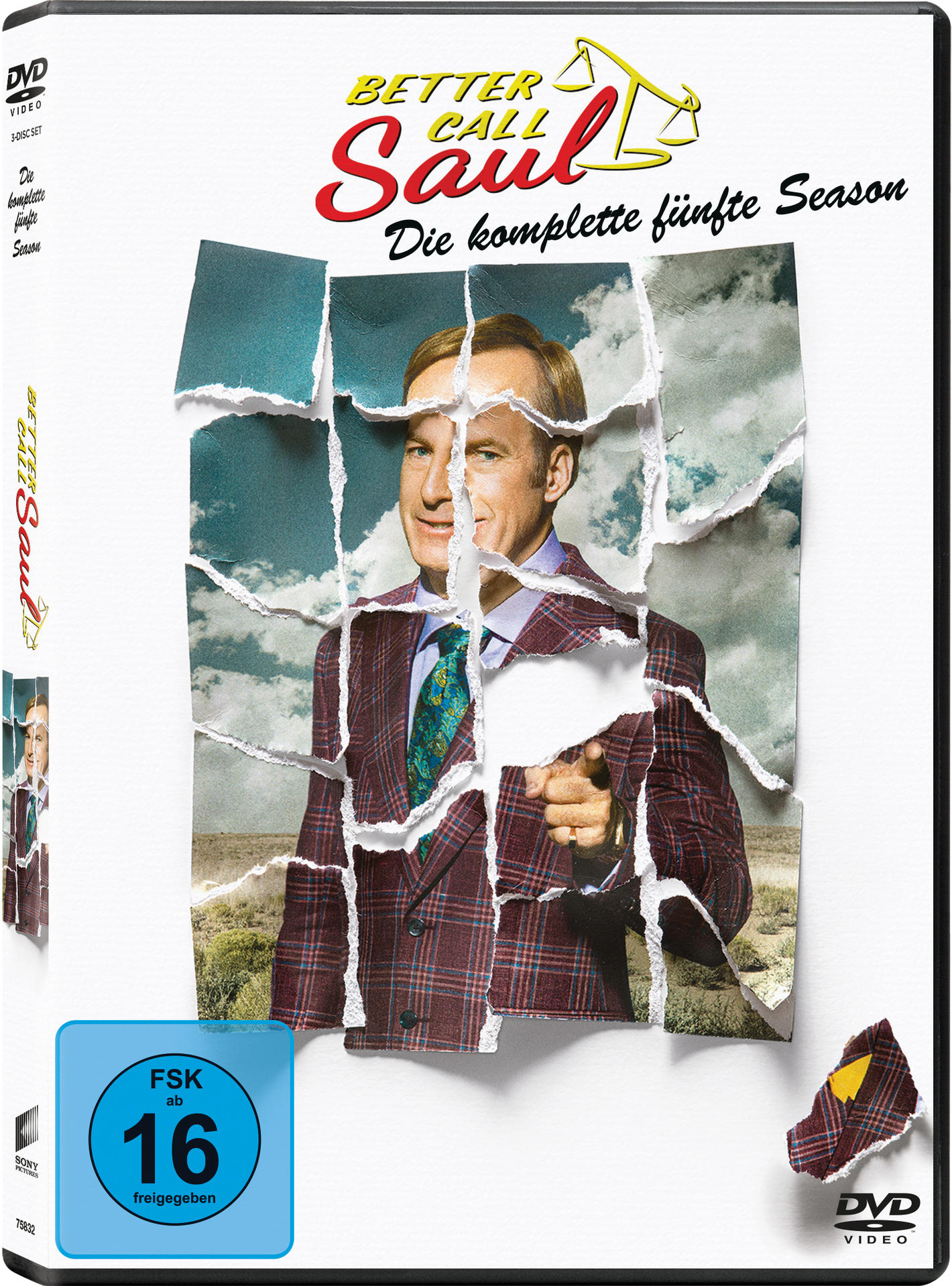 DVD-Cover von Better Call Saul, Staffel 5, mit zerrissenem Papiereffekt.