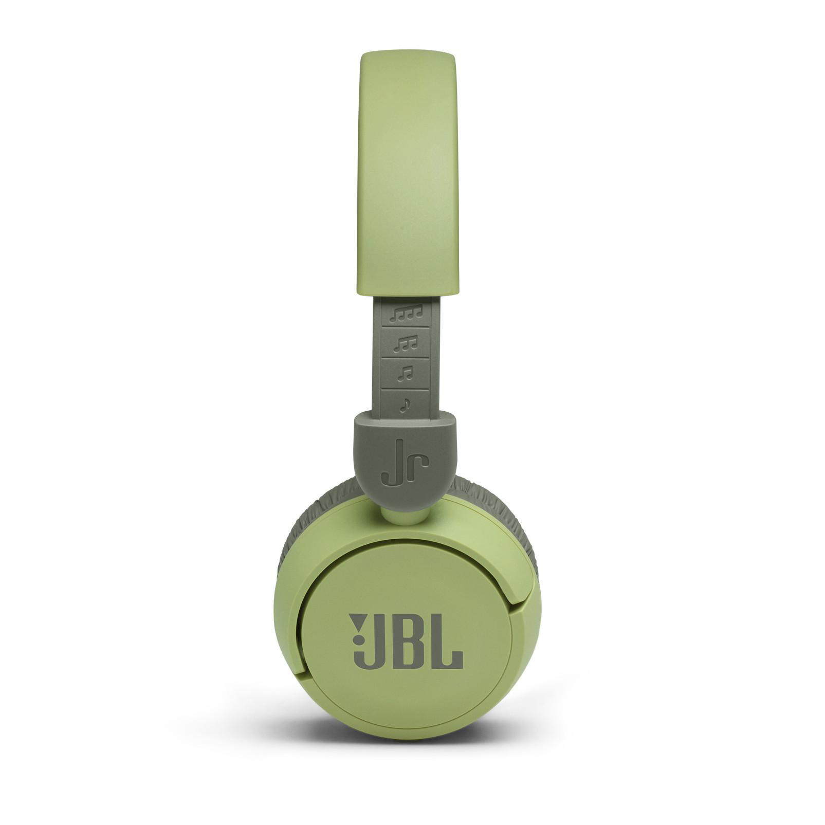 Hellgrüner JBL Jr. Kopfhörer. Das Band ist verstellbar. JBL und Jr. stehen auf dem Kopfhörer.