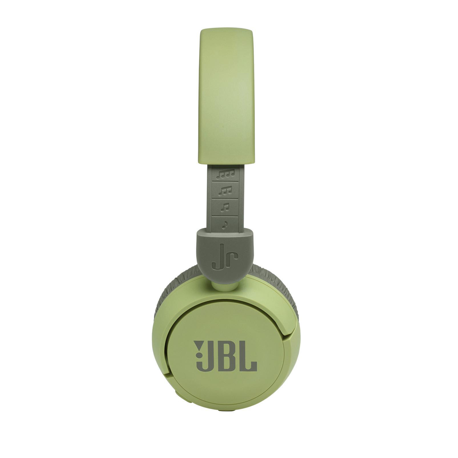 Grüne JBL Jr Kopfhörer. Die Kopfhörer sind zusammengeklappt und haben das JBL Logo.