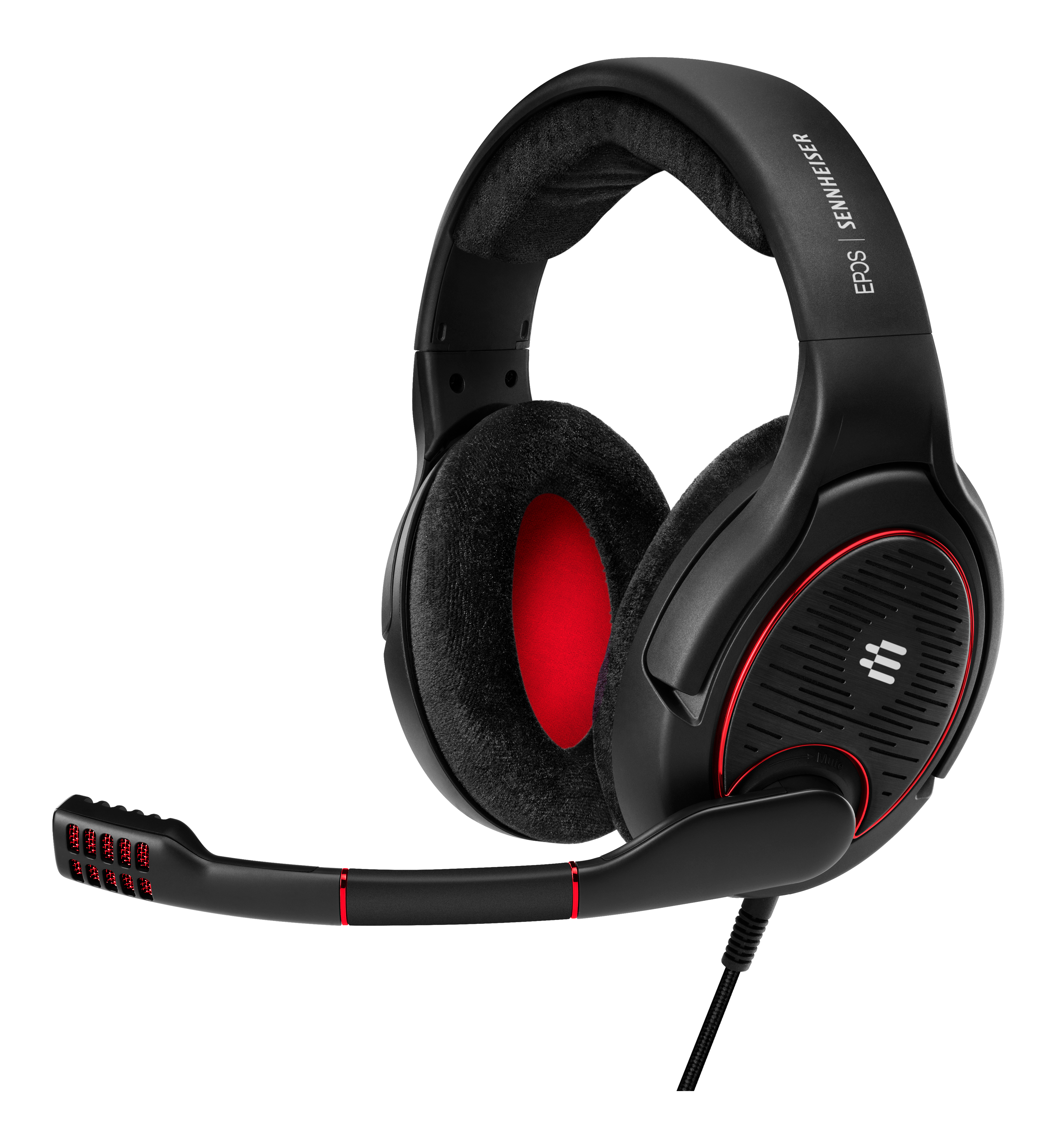 Schwarzes und rotes Gaming-Headset. Mikrofon befestigt. Epos Sennheiser Text sichtbar.