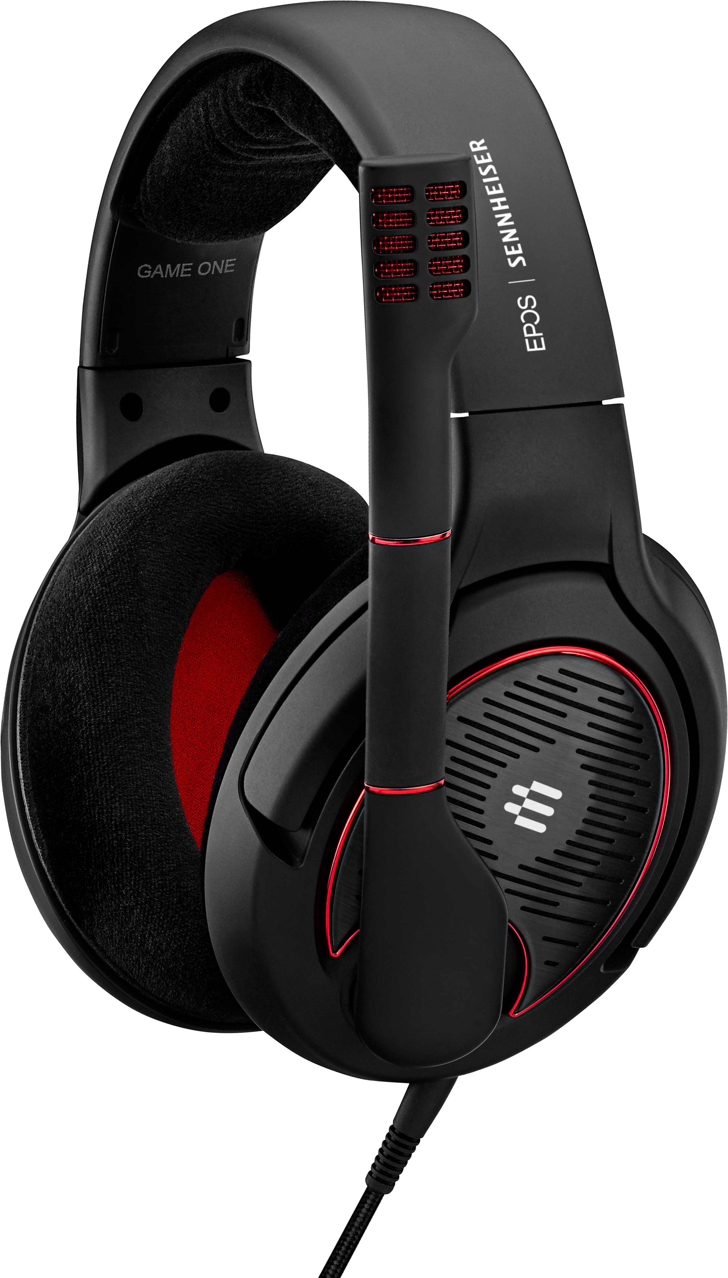 Schwarzes Gaming-Headset. Rote Akzente an den Ohrmuscheln und am Mikrofon. Das Mikrofon ist flexibel.