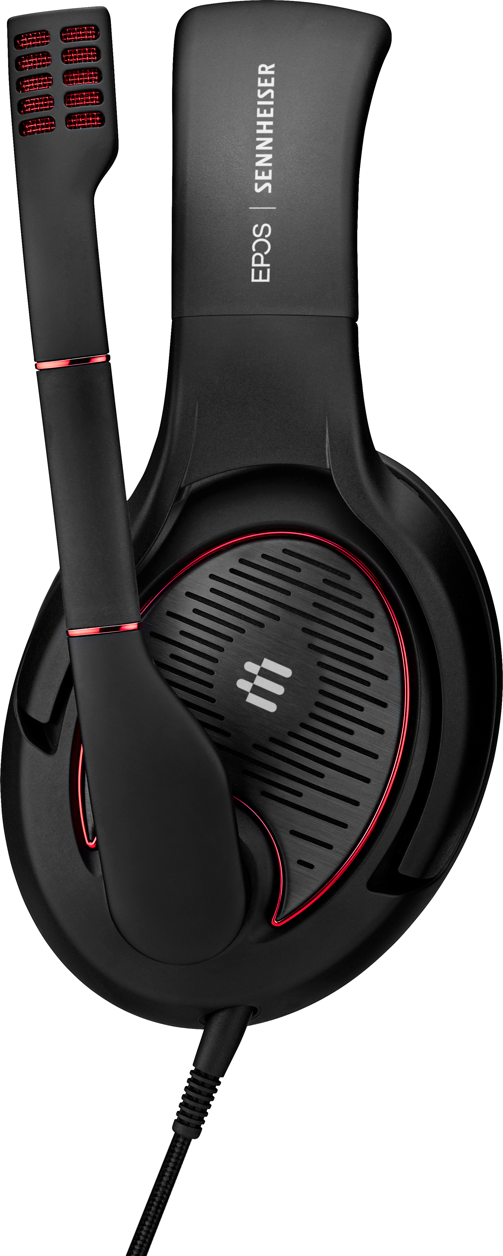 Schwarzes und rotes Gaming-Headset mit Mikrofon.
