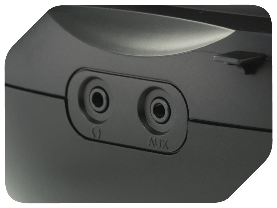 Nahaufnahme der Rückseite eines schwarzen Geräts mit zwei Audioeingängen. Die Buchsen sind mit Symbolen gekennzeichnet.
