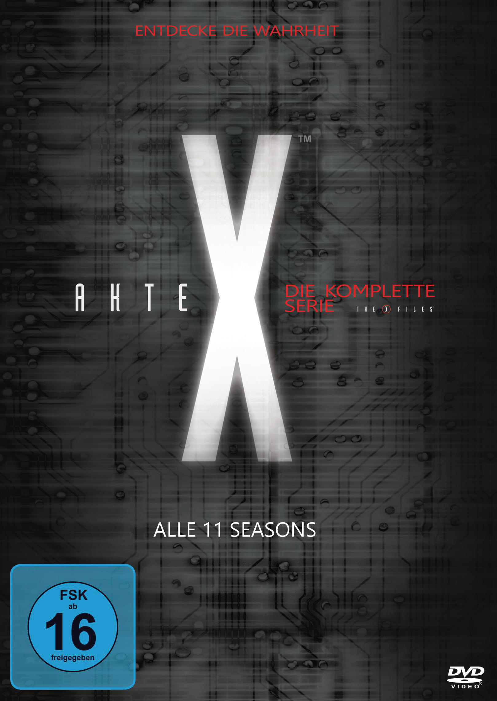 DVD-Cover von Akte X, mit dem Logo der Serie und Text auf Deutsch. Die Altersfreigabe ist 16.
