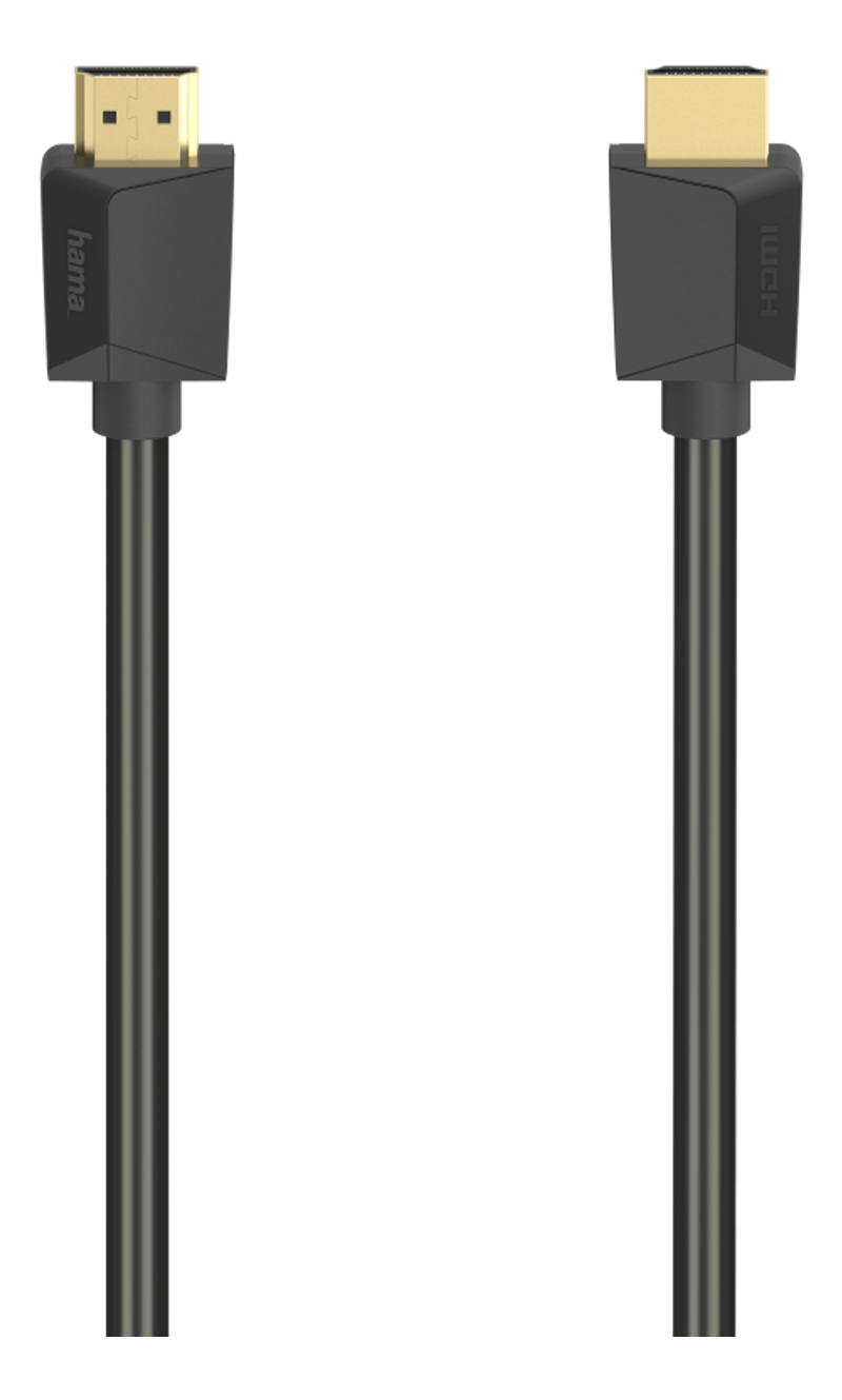 Câble HDMI noir avec connecteurs dorés, sur fond noir.