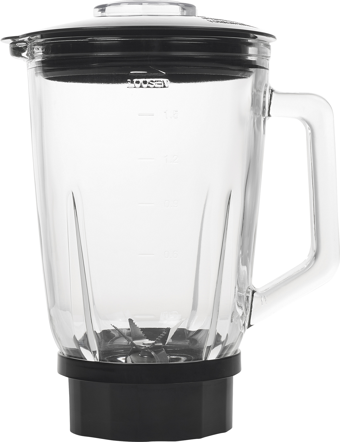 Clear glass blender jar with handle and blade.