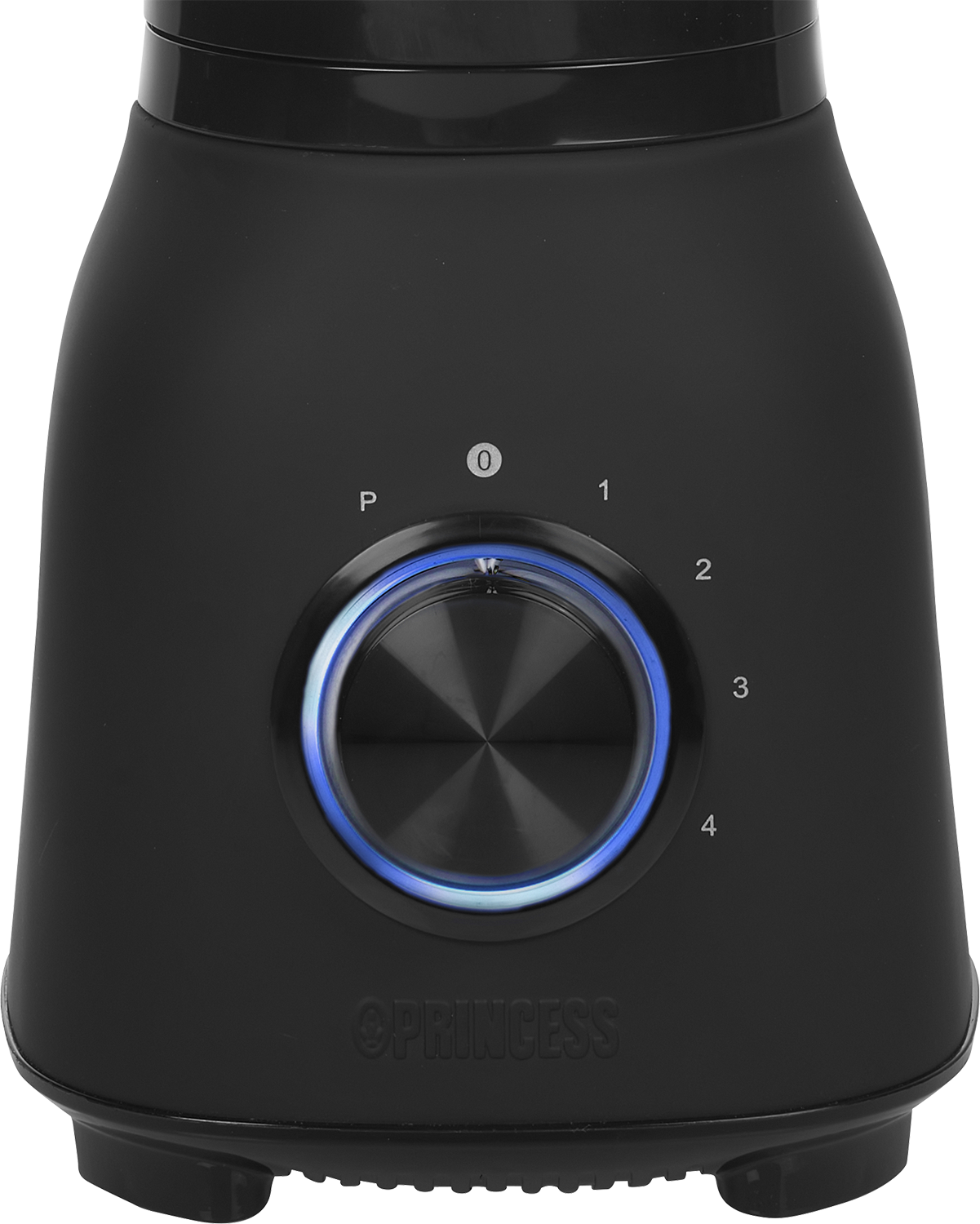 Black blender base. Knob with numbers and blue light. Princess brand logo visible.